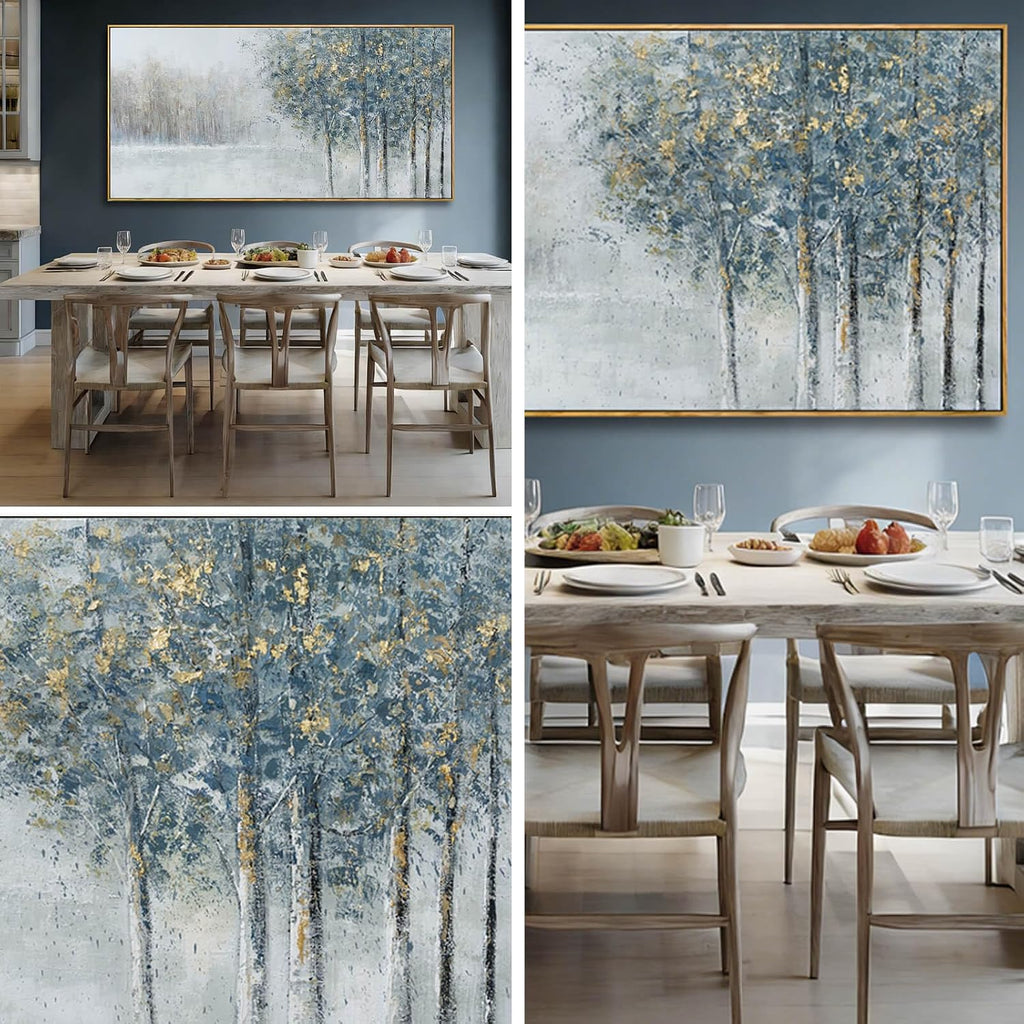 Grey Blue Tree of Life Wall Art 29x58 Inch, Large Framed Canvas Artwork with Wooden Frame, Pictures for Bedroom Wall Decor, Contemporary Forest Painting for Living Room or Hallway