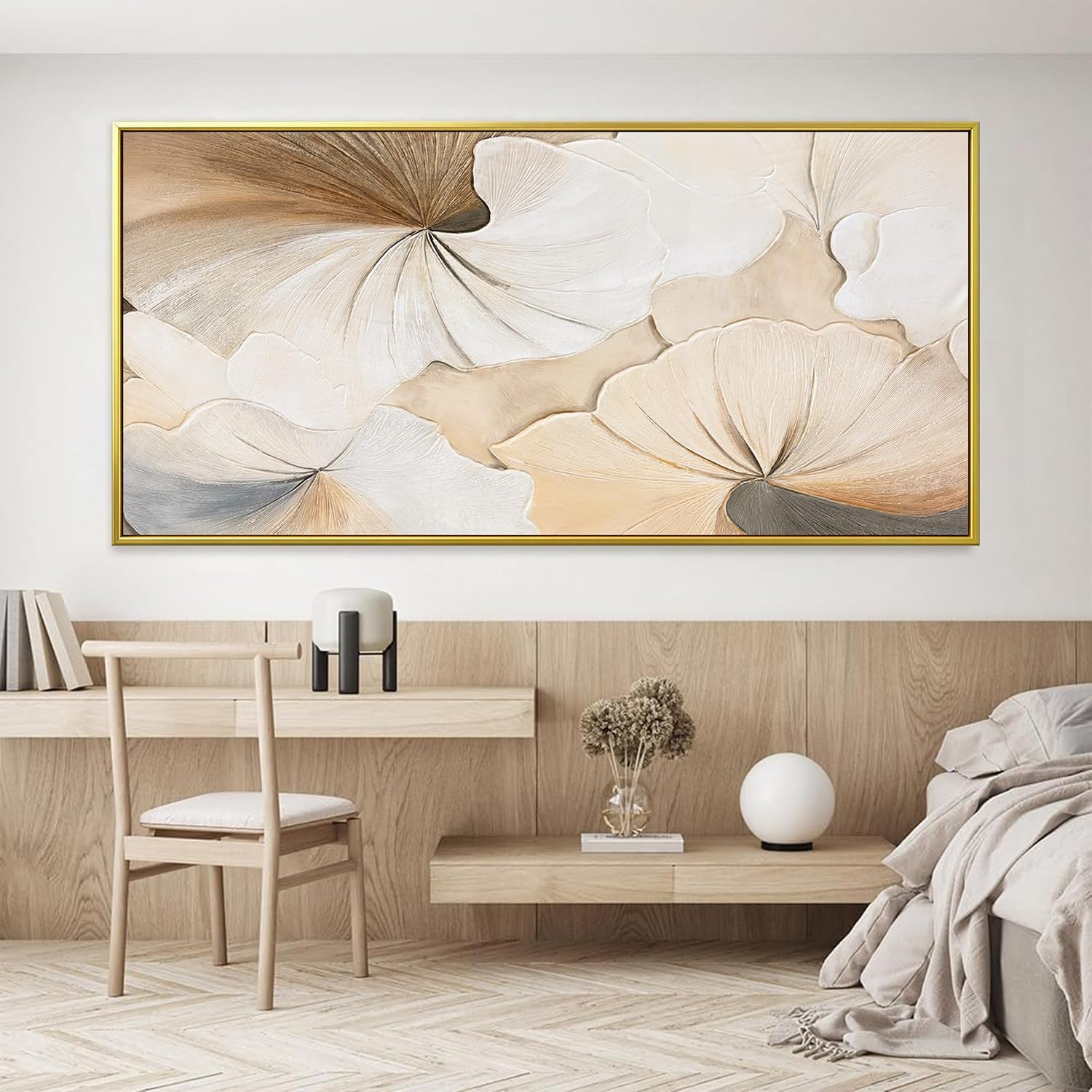 Canvas Art Wall Decor Large Size Gold Framed Wall Art For Living Room Modern Abstract Wall Decor Prints Pictures Brown White Flower Wall Art Picture For Bedroom Hotel Home Artwork 29x58 Inch