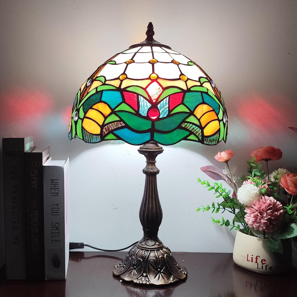 Tiffany Table Lamp Green Flowers Style Stained Glass Desk Light 12 Inch Tiffany Style Bedside Lamp with LED Bulb for Bedroom Living Room Office Decor