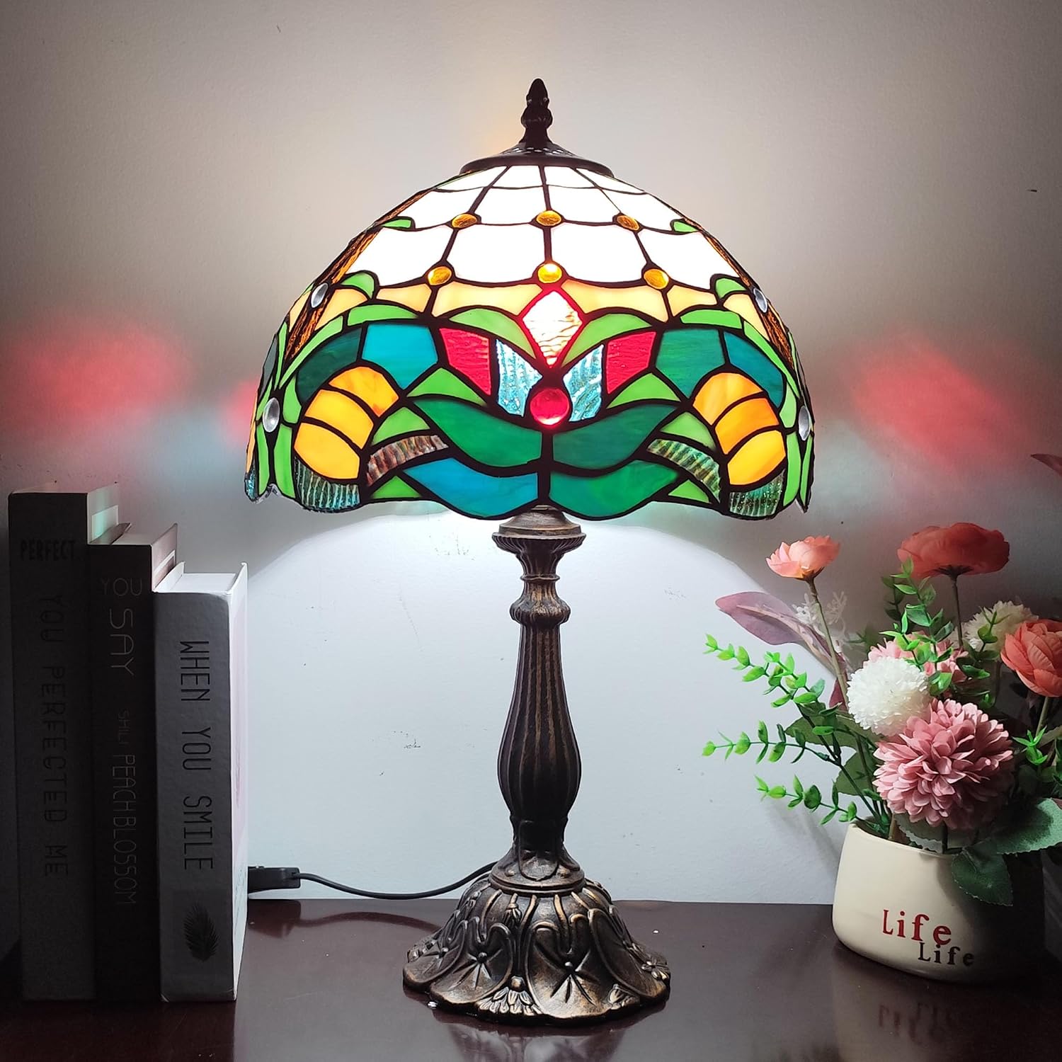 Tiffany Table Lamp Green Flowers Style Stained Glass Desk Light 12 Inch Tiffany Style Bedside Lamp with LED Bulb for Bedroom Living Room Office Decor