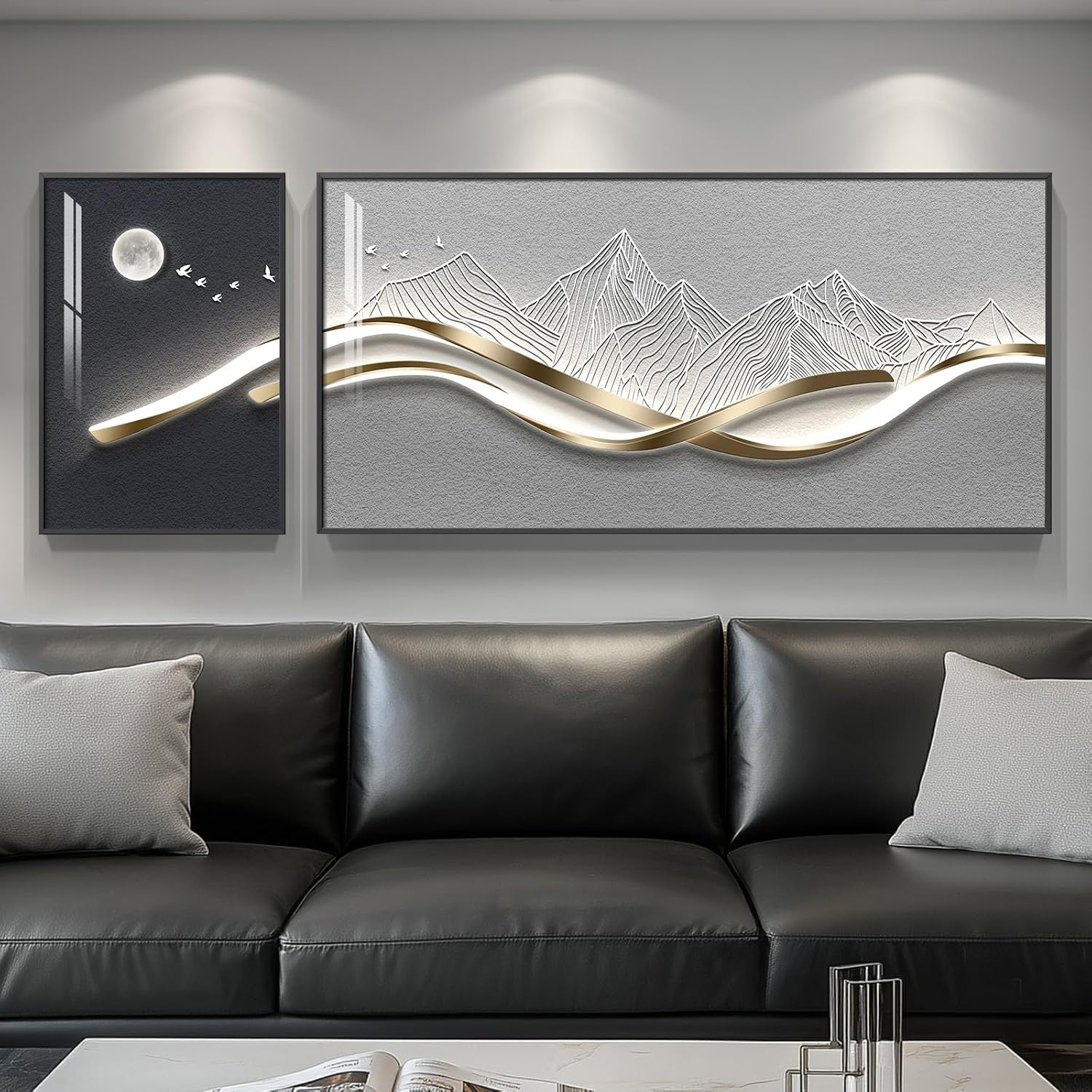 Large Framed Modern Abstract Wall Art for Living Room, 2 Piece Silver Mountain Bright Style Artworks for Wall, Luxury Gray Blue Minimalist Painting Prints for Bedroom Hallway Home Office Wall Decor