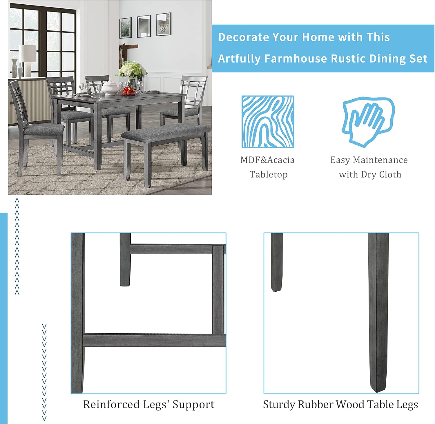 Wooden Rectangular Dining Table Set, Farmhouse Rustic 6-Piece Kitchen Set with 4 Upholstered Chairs and 1 Bench (Antique Graywash)