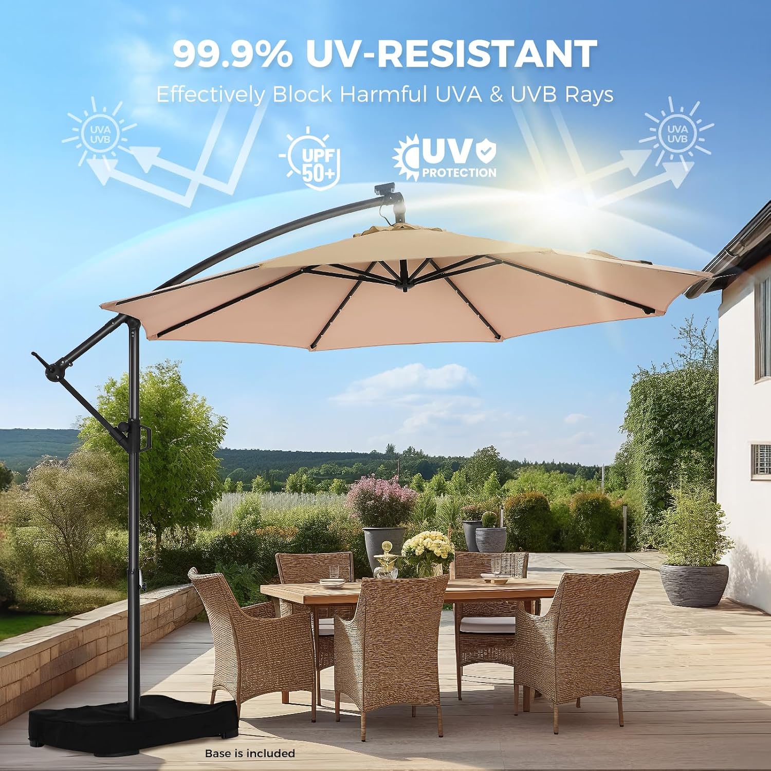 HOMSHADE 10ft Solar Lights Offset Cantilever Patio Umbrella - with Light and Base, LED Lighted Offset Hanging Patio Outdoor Market Umbrella UPF50+ UV Protection with Easy Tilt and Crank (Beige)