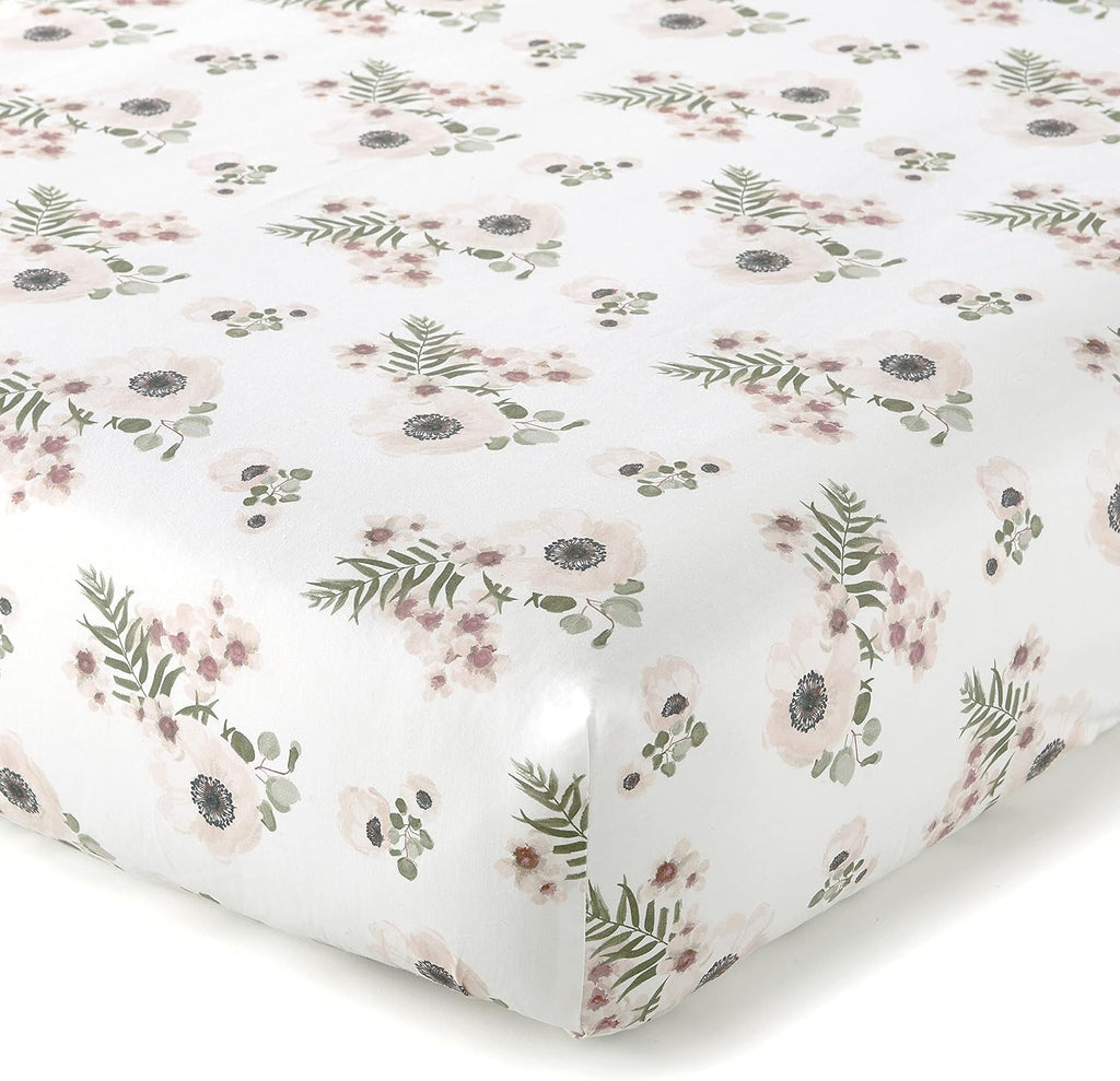 Levtex Baby - Fiori Crib Bed Set - Baby Nursery Set - Floral - Charcoal, Coral, Pink, Green, Cream - Bold Floral - 4 Piece Set Includes Quilt, One Fitted Sheet, Wall Decal & Skirt/Dust Ruffle