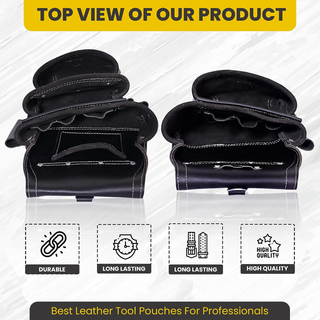 Professional 11 Pockets Leather Tool Pouch Bags/Carpenter Tool Belt Set | Heavy-duty Drywall Pouch, Electrician Pouch, And Framing Tool Belt Pouches (Black, Standard)