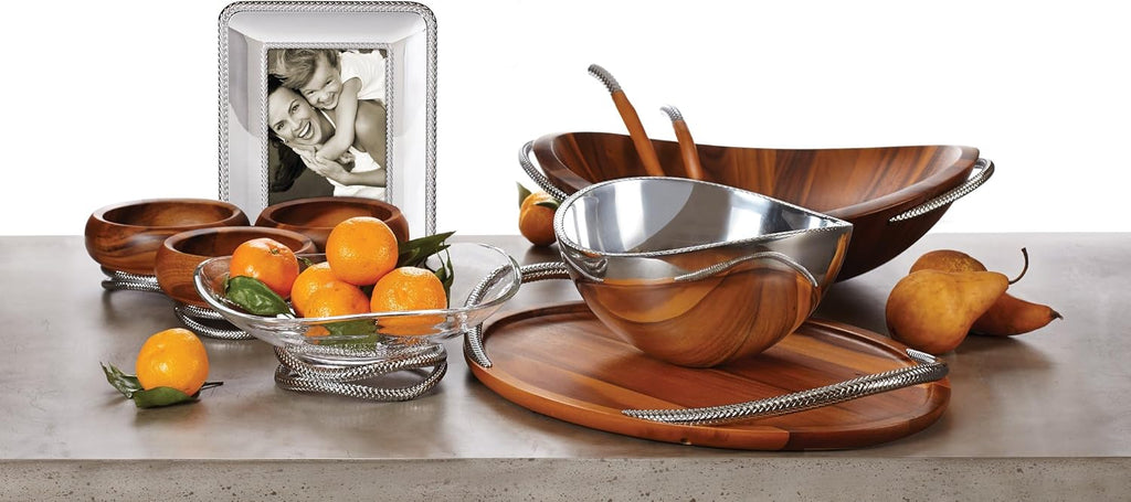 Nambé Pulse Salad Bowl with Servers, Magnetic Wood Base for Easy Cleanup, 12' x 13' Stainless Steel Bowl with 11.5' Servers, Modern Serveware for Kitchen, Dining & Parties