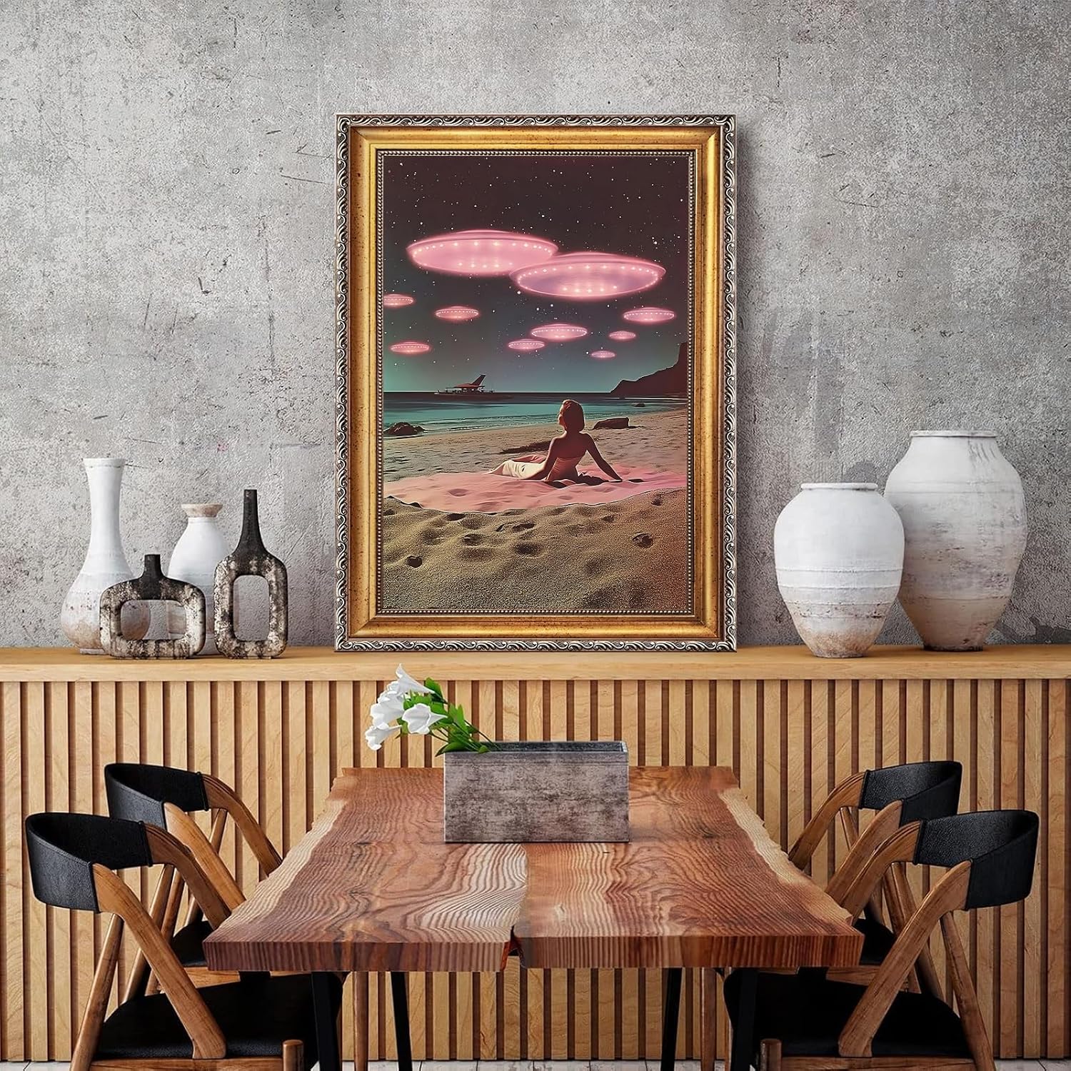 Retro UFO Beach Wall Art Canvas Print Surreal Alien Seaside Encounter Poster Painting Vintage Sci-Fi Artwork Framed Eclectic Trippy Spaceship Picture Wall Decor for Living Room Office Cafe 24x36inch