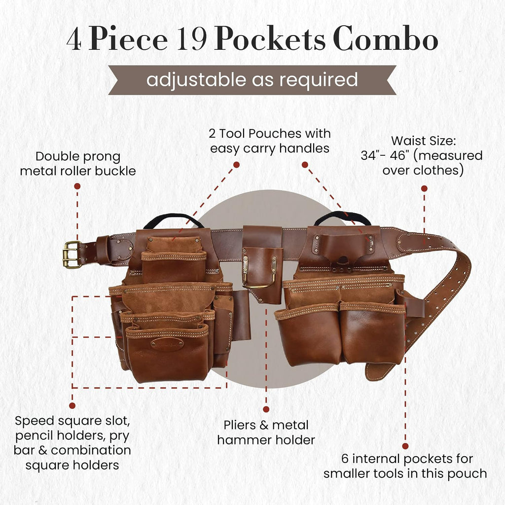 Style n Craft - 4 Piece and 19 Pockets Pro Framer's Combo, Tool Belt with 2 Tool Pouches and 1 Pliers and Hammer Holder, Full-Grain Leather Carpenter Tool Belt Combo, Dark Tan (98444)