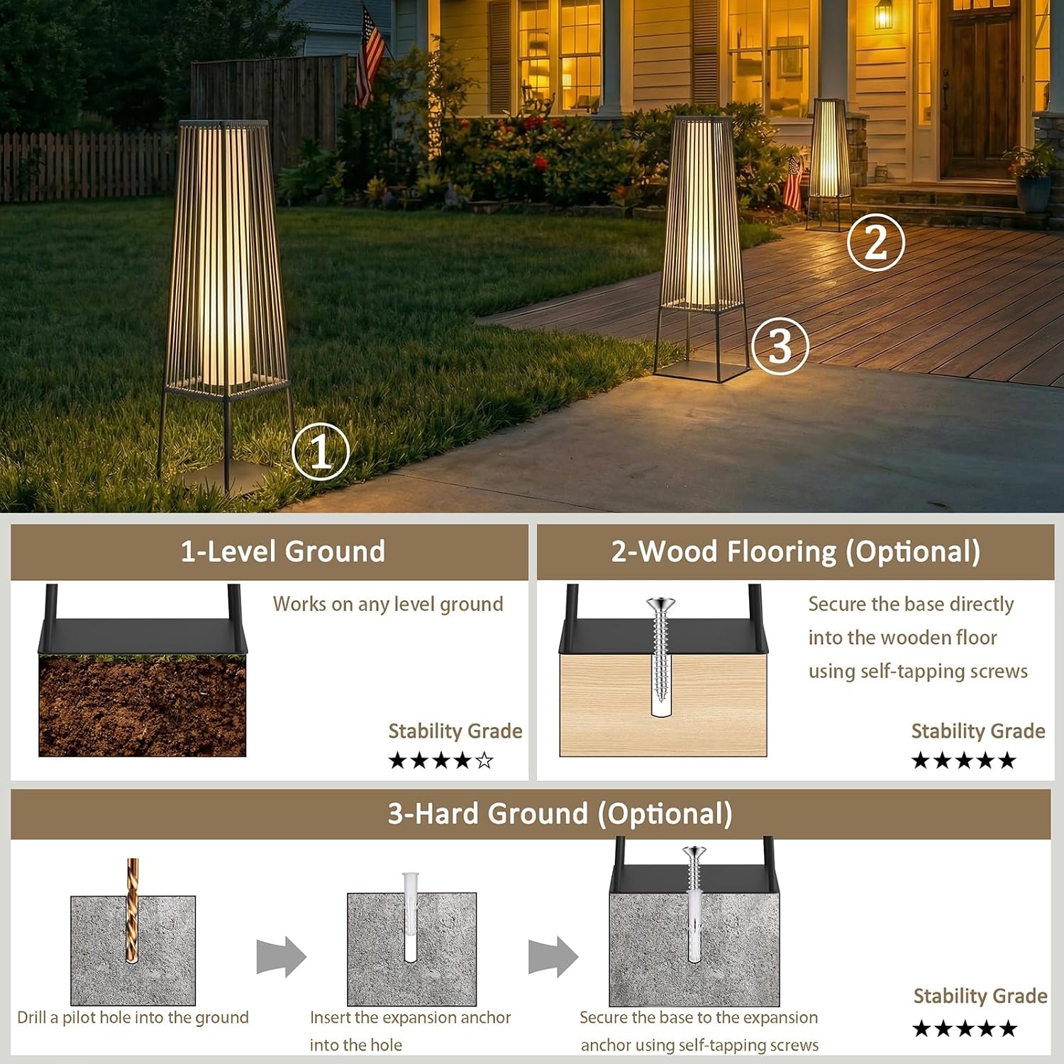 Outdoor Floor Lamp Set of 2, Rattan Solar Lanterns Outdoor Waterproof for Balcony, Deck, Garden & Patio (Gray)