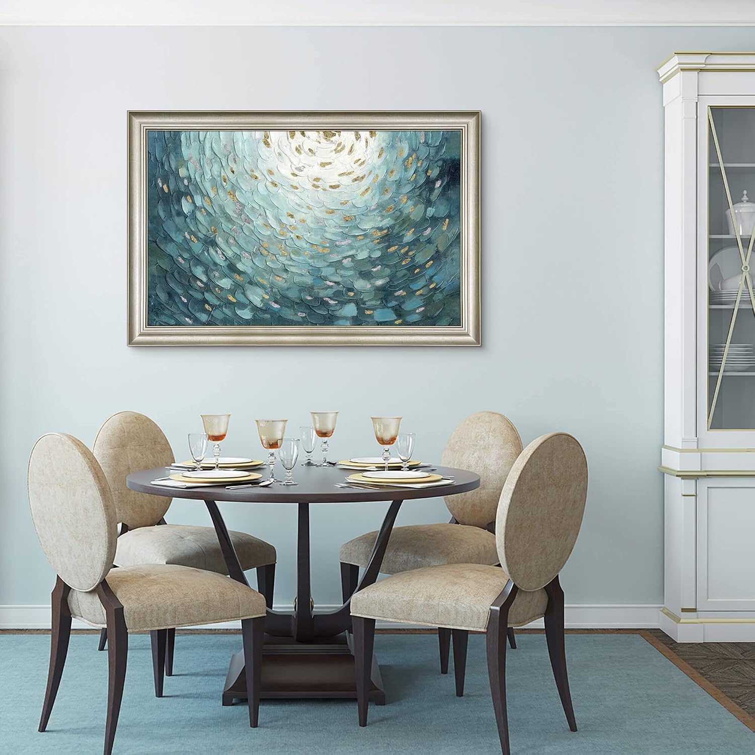 Framed Teal Abstract Canvas Art: Large Modern Hand Painted Textured Artwork Print Contemporary Turquoise Painting Picture with Gold Foil Wall Decor for Home Office Bedroom Living Room Decoration