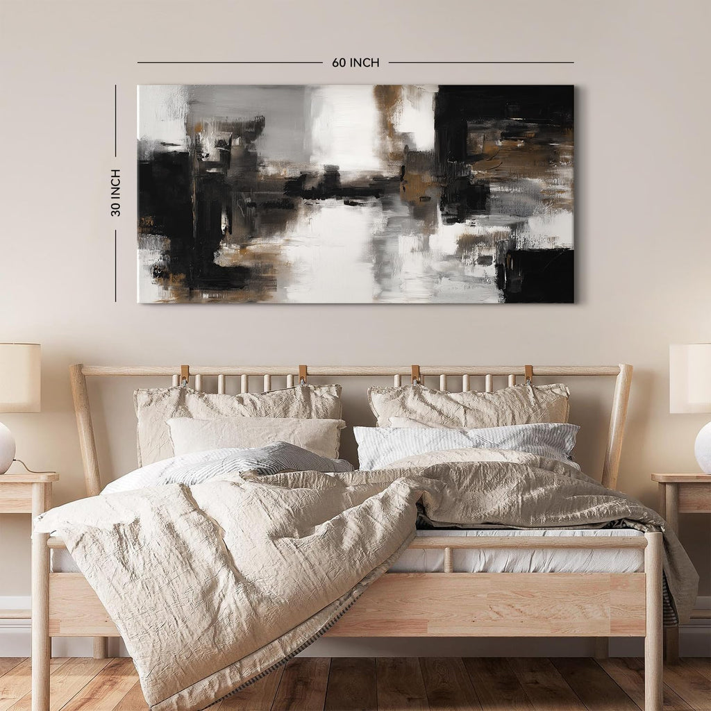 Extra Large Black and White Gray Abstract Canvas Wall Art Mid Century Modern Living Room Decor Abstract Black Grey Stroke Ink Painting Prints Poster Graffiti Artwork Home Office Decorations 75x147cm