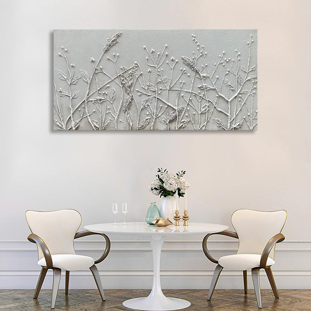 Hand Painted White Abstract Flower Oil Painting Home Wall Decorative Art 24x48 Inches