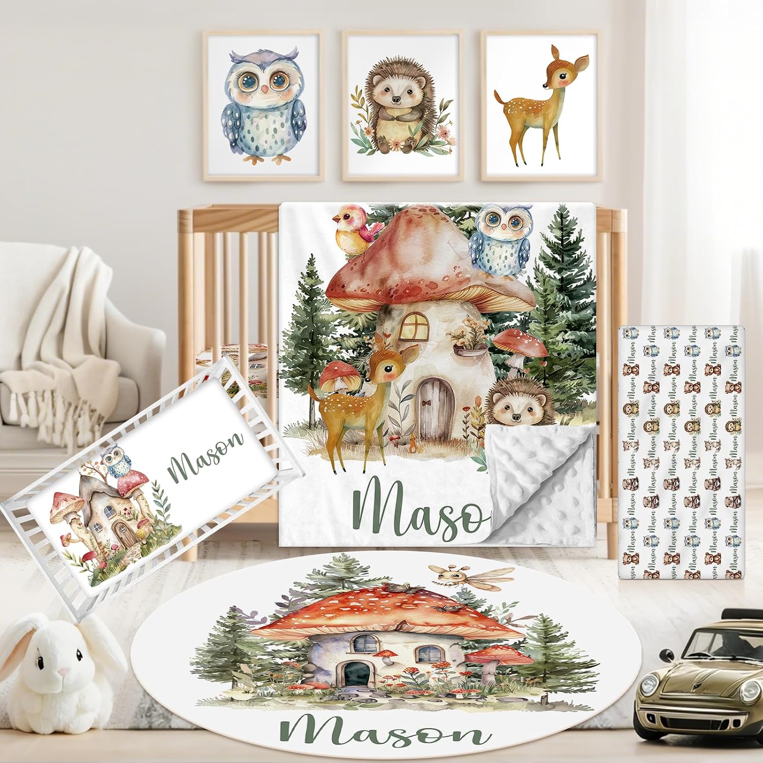 Personalized Baby Crib Bedding Set, 5 Pcs Custom Name Nursery Bedding Set for Girls Boys, Forest Animals Baby Crib Set for Toddlers Infants, Double Layer Bedding Crib Sets Customized Gifts