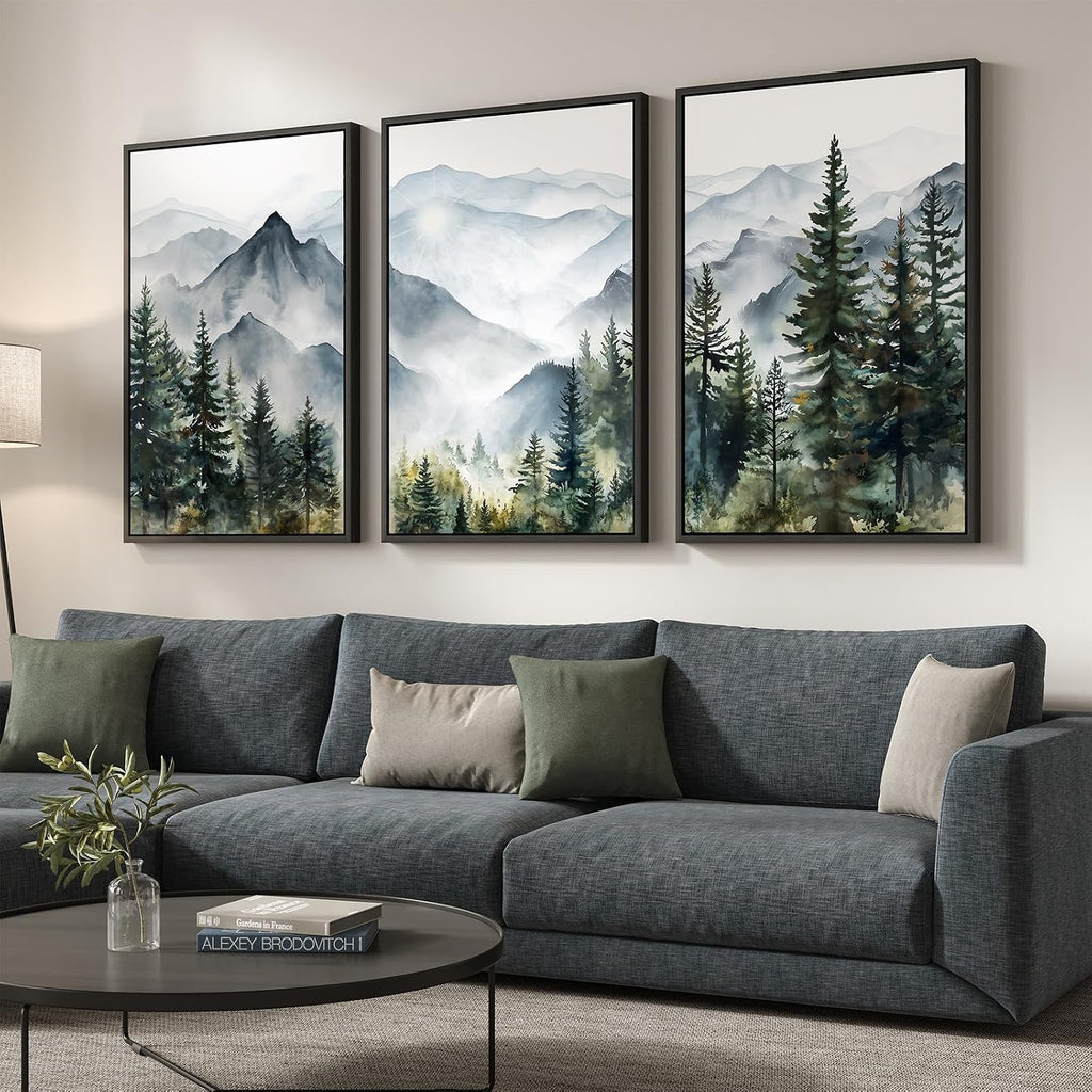 Framed Mountain Landscape Wall Art for Living Room, Large Foggy Forest Watercolor Artwork for Walls, 3 Piece Nature Mountain Forest Paintings Prints for Hallway Office Kitchen Wall Decor, 24x36 Inch