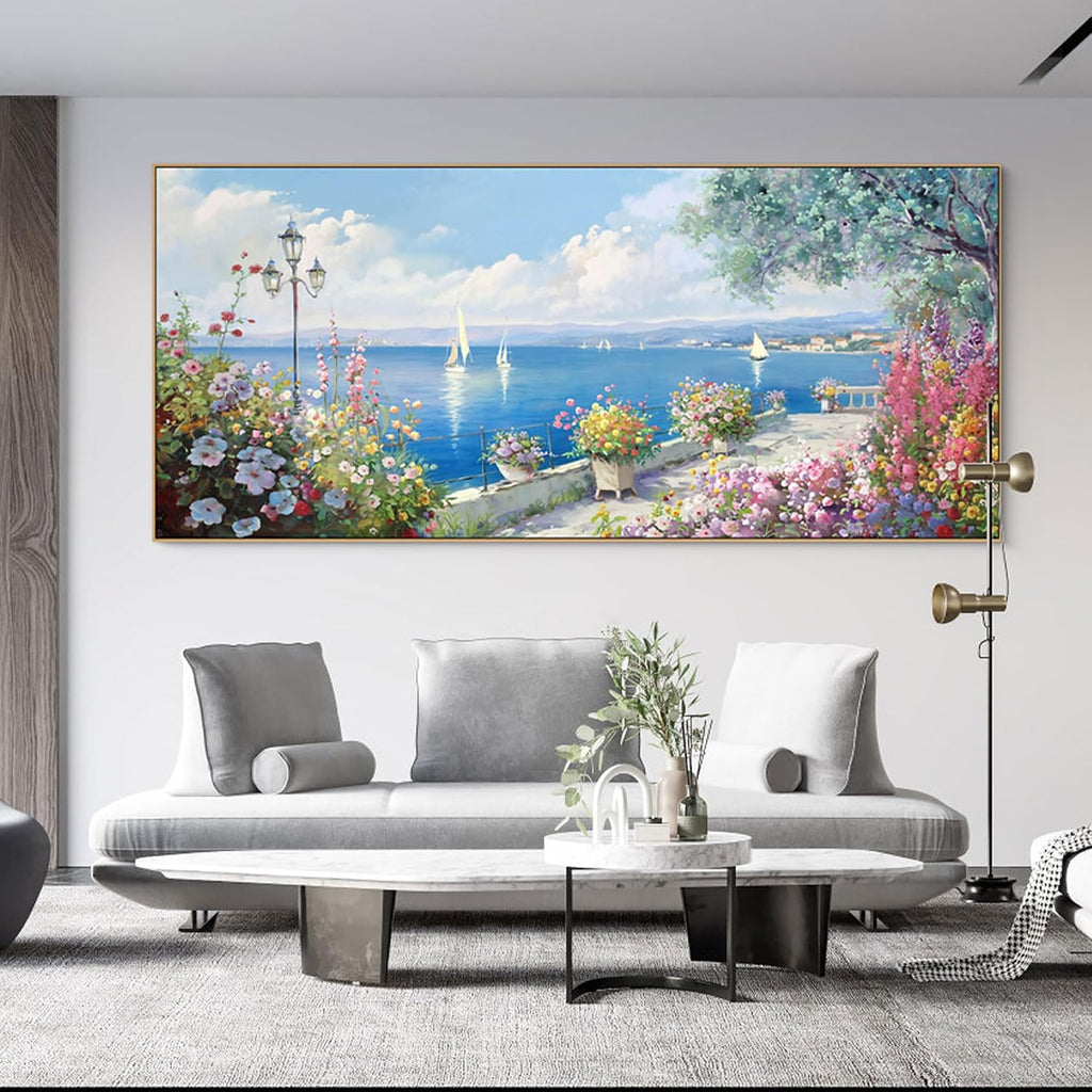 XLSJERST Coastal Wall Art for Living Room - Extra Large 86x39 Inches Ocean Seascape Canvas Beach Painting Landscape Sailboat Picture Modern Artwork Framed for Bedroom Office Home Decor