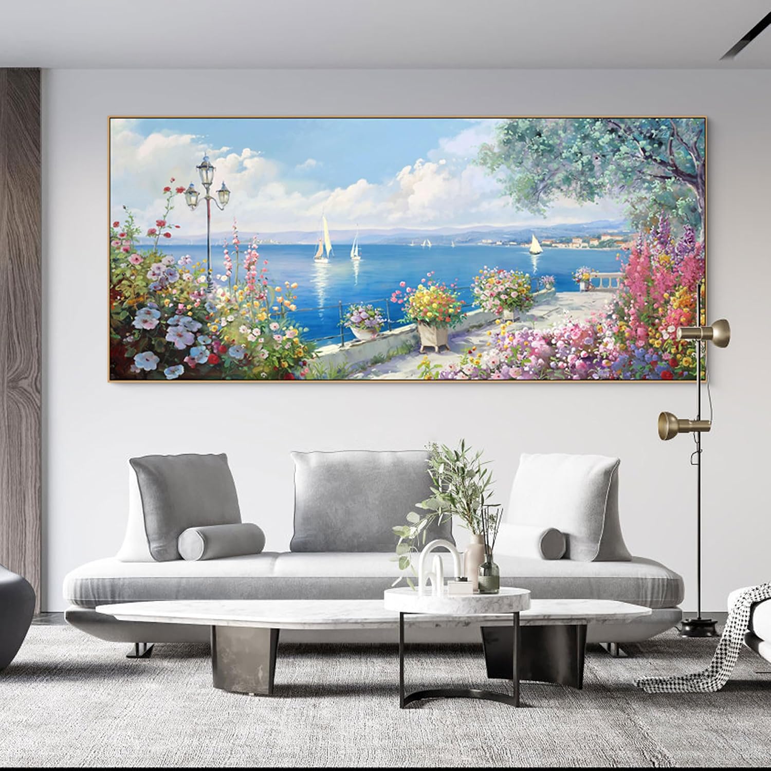 XLSJERST Coastal Wall Art for Living Room - Extra Large 86x39 Inches Ocean Seascape Canvas Beach Painting Landscape Sailboat Picture Modern Artwork Framed for Bedroom Office Home Decor