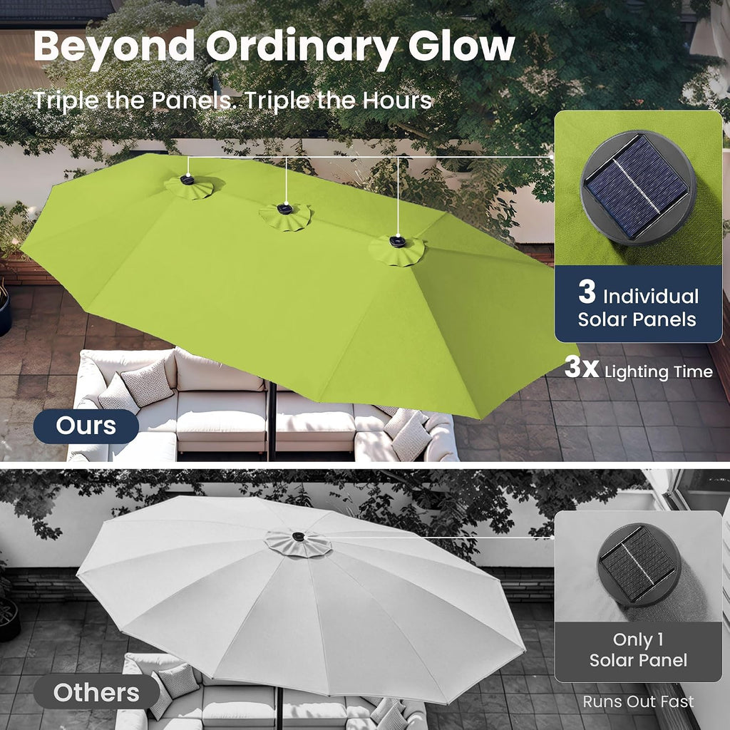 PHI VILLA 15 ft Umbrella Outdoor Patio Solar Lights with Base, Outdoor Double-Sided Large Market Rectangle Umbrellas with 36 LED Lights, Lime Green
