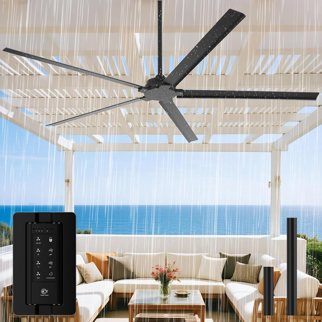 Waterproof Outdoor Ceiling Fans 72 Inch Black Industrial Ceiling Fans without Lights, DC Motor Large Ceiling Fan No Light with 5 Aluminum Blade, Reversible Airflow for Patio Porch Garage Living Room