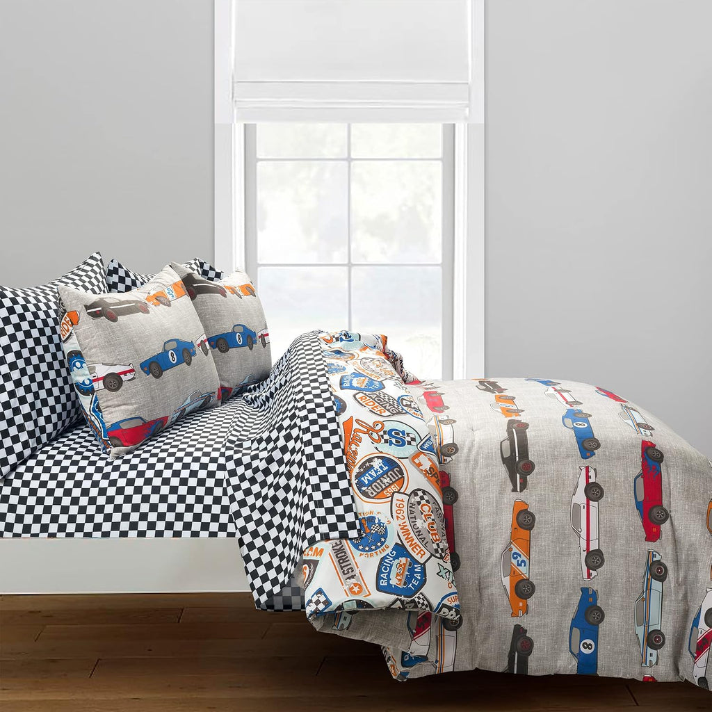 Lush Decor Race Cars Reversible Oversized With Printed Sheet 7 Piece Comforter Set, Full, Blue & Orange