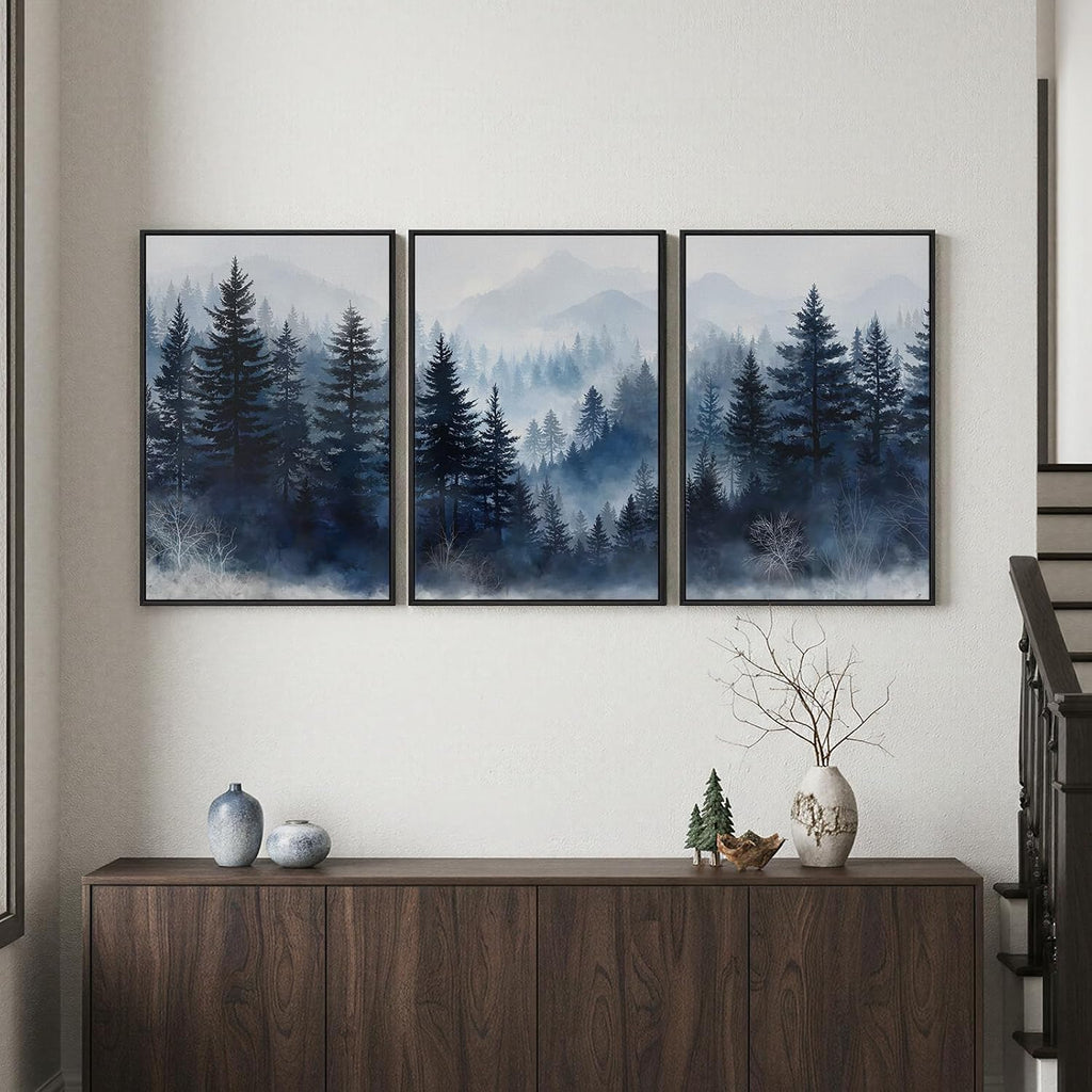 Framed Blue Forest Mountain Wall Art for Living Room, Misty Pine Tree Nature Landscape Canvas Artwork for Walls, Neutral Foggy Forest Scenic Painting Prints for Bedroom Office Wall Decor, 24x36 Inch