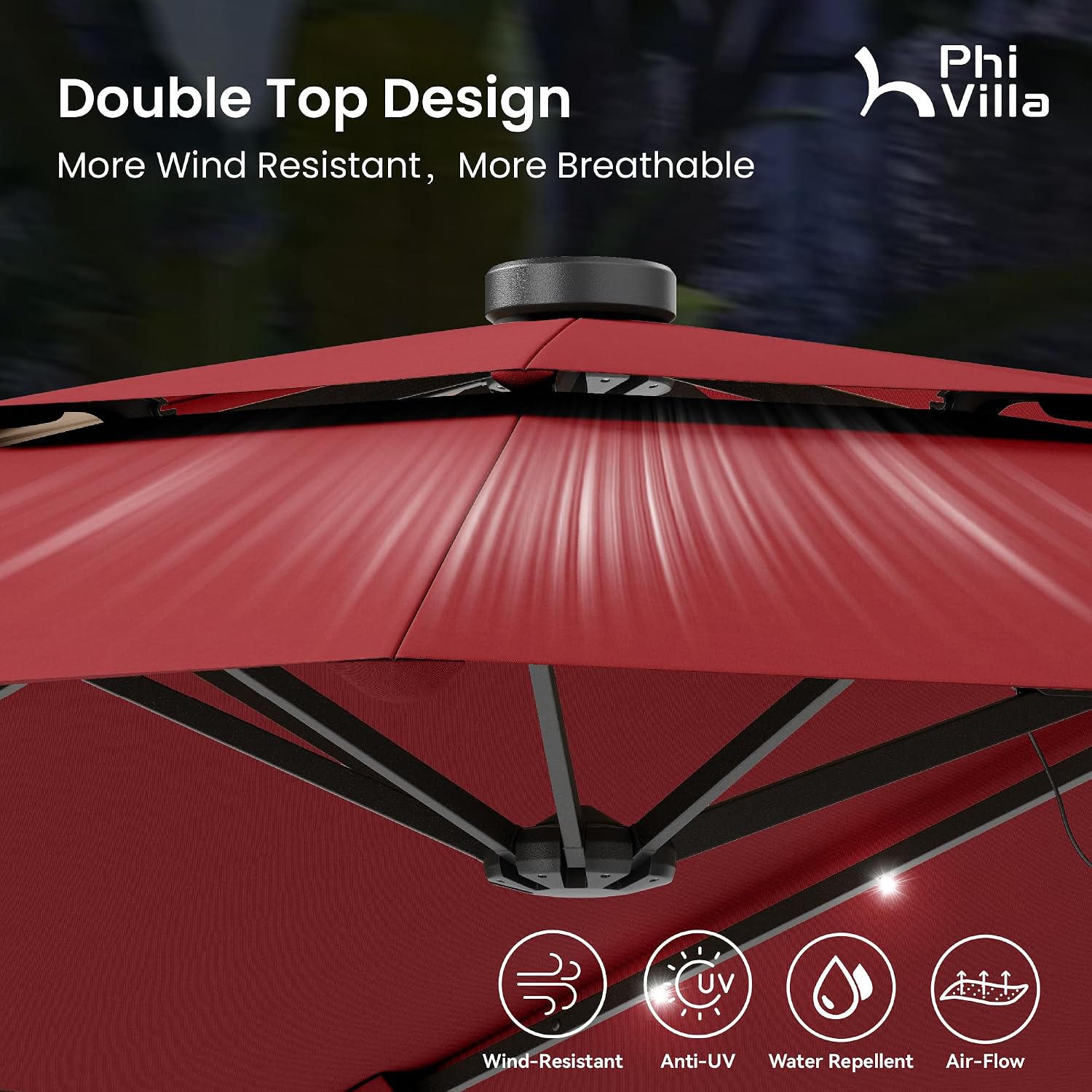 PHI VILLA 15ft 2-Tier Large Patio Umbrella with Solar Lights, Double-Sided Outdoor Market Rectangle Umbrellas with 36 LED Lights, Umbrella Base (Stand) Included, Wine Red