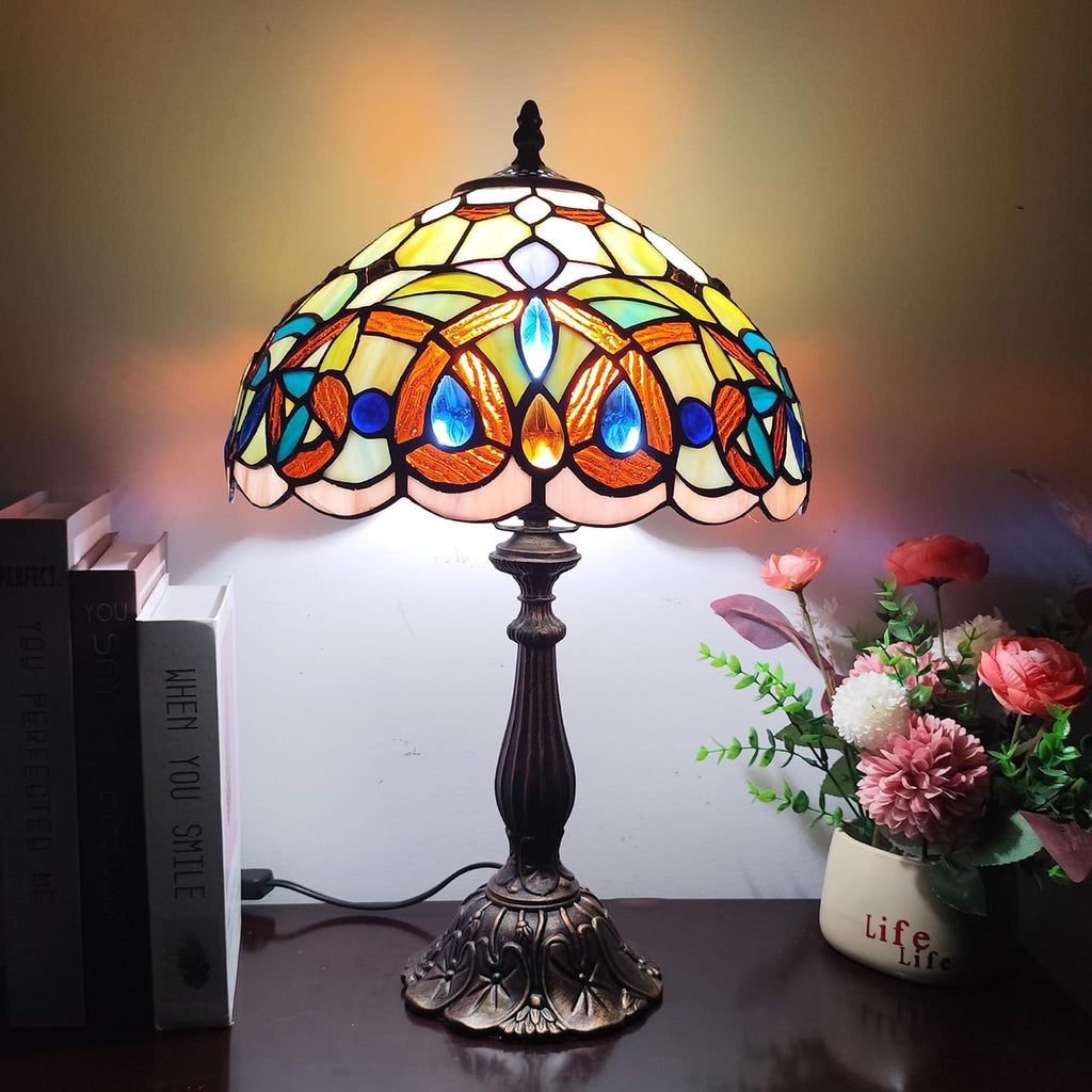 Tiffany Table Lamp Victorian Style Stained Glass Desk Light 12 Inch Tiffany Style Bedside Lamp with LED Bulb for Bedroom Living Room Office Decor