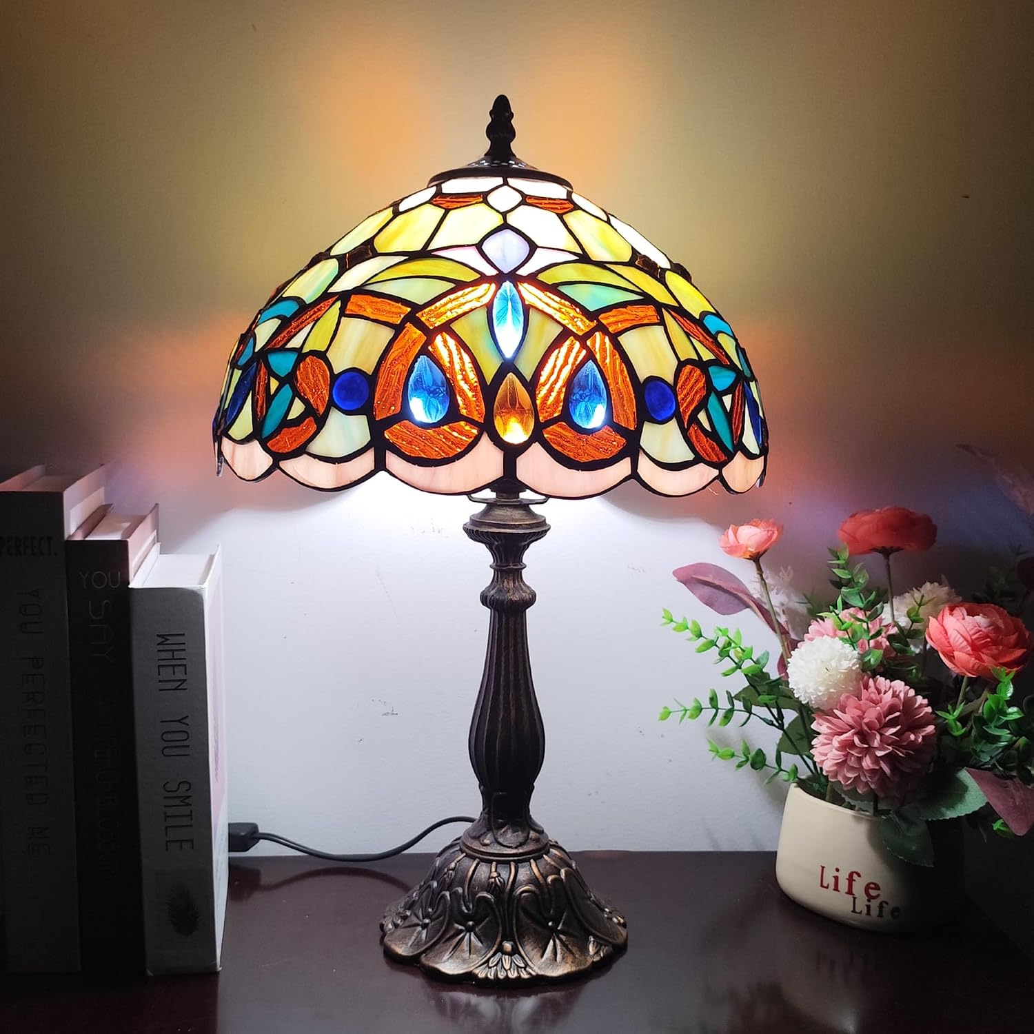 Tiffany Table Lamp Victorian Style Stained Glass Desk Light 12 Inch Tiffany Style Bedside Lamp with LED Bulb for Bedroom Living Room Office Decor