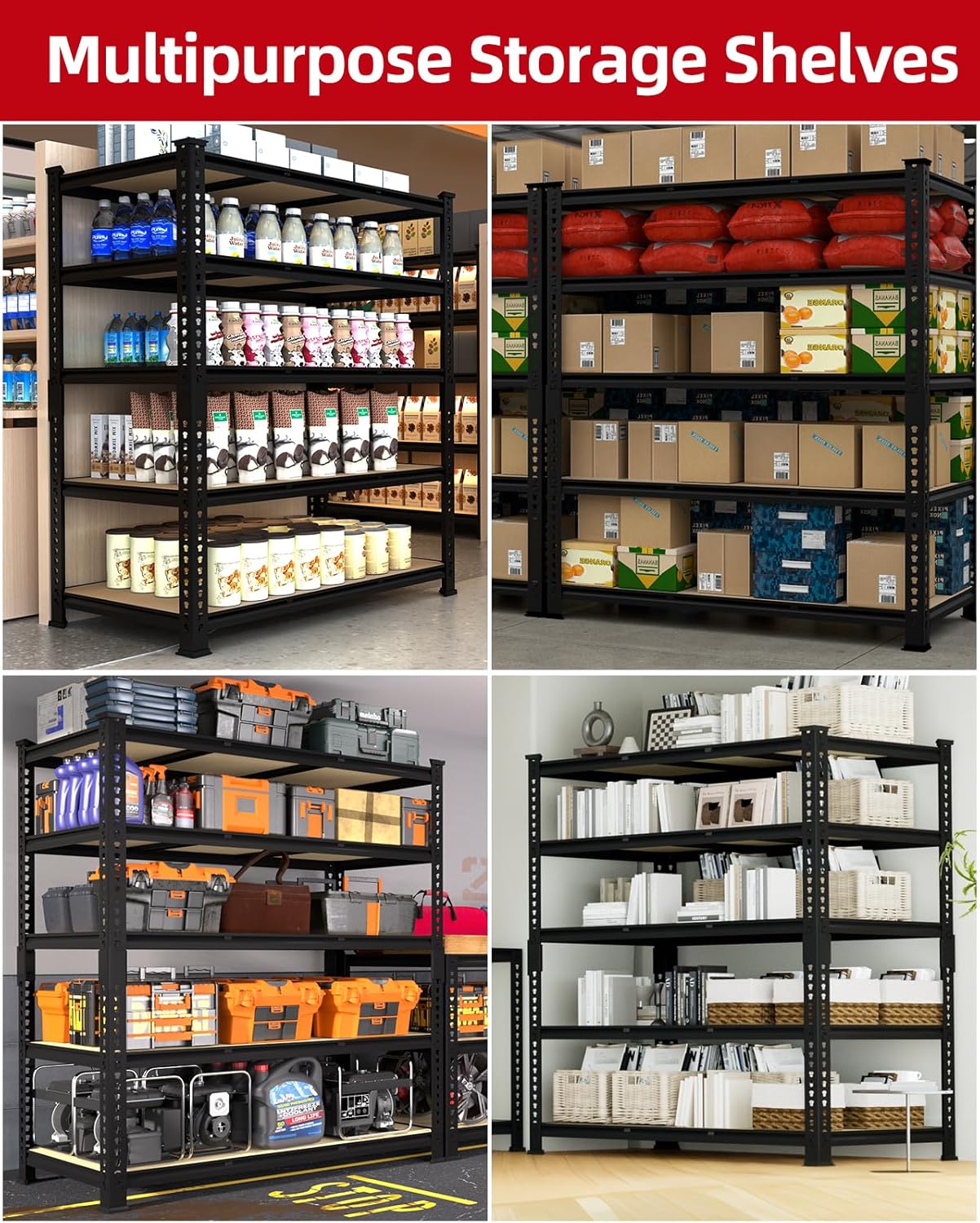 PrimeZone 36' x 16' x 72' Heavy Duty Storage Shelves - 5 Tier Adjustable Garage Storage Shelving, Metal Storage Utility Rack Shelf Unit for Warehouse Pantry Closet Kitchen, Black, 2 Pack
