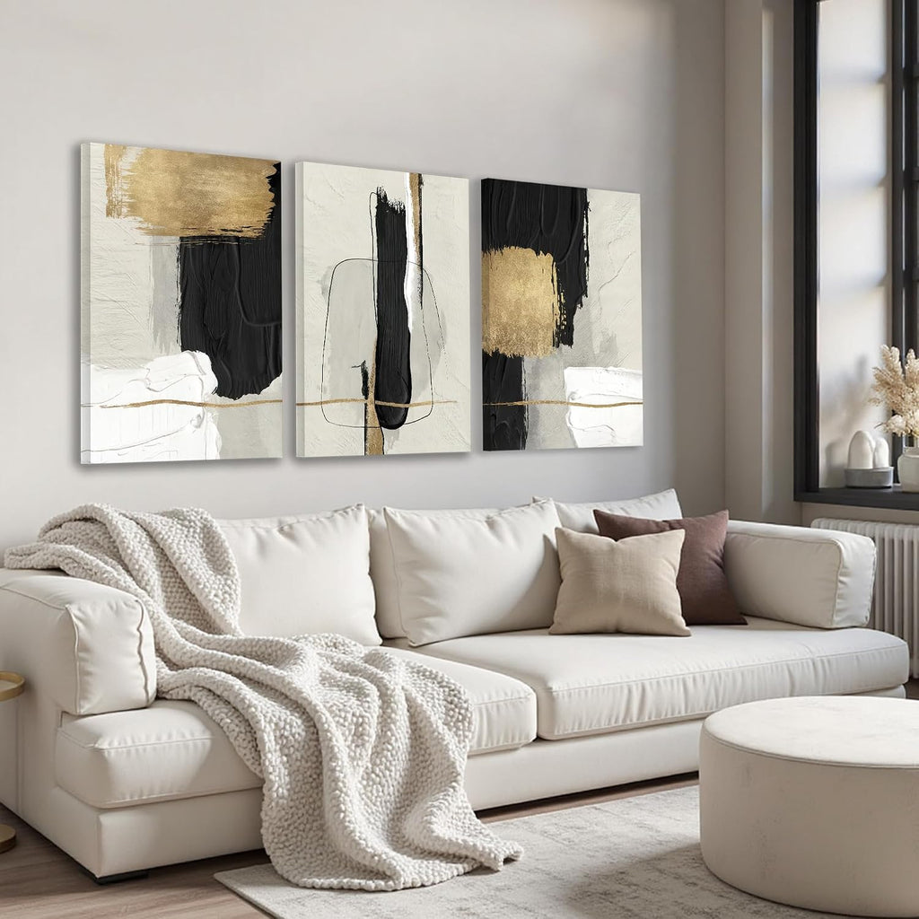 DUWQU 3 Pieces Large Black and Gold Abstract Canvas Wall Art, Modern Black Gold and White Art Wall Decor, Minimalist Grey Beige Block Prints for Living Room Bedroom Office Home Decorations 20×30 Inches