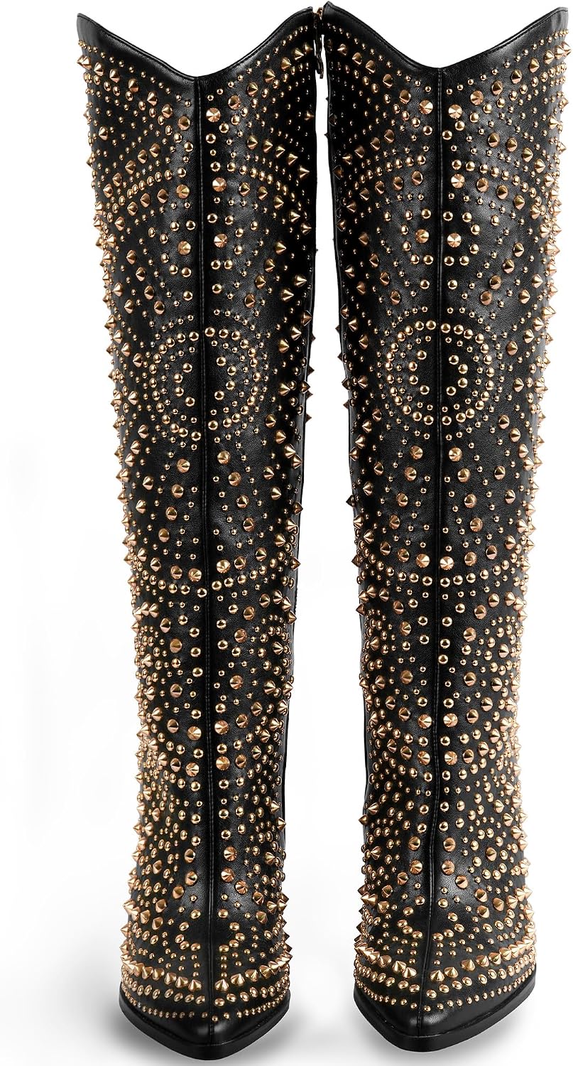 iiimmu Womens Boots Pointed Toe and Chunky Heel Boots for Women Luxurious Studded Boots Tall Boots with Metallic Rivets, White/Black Size US 5-12