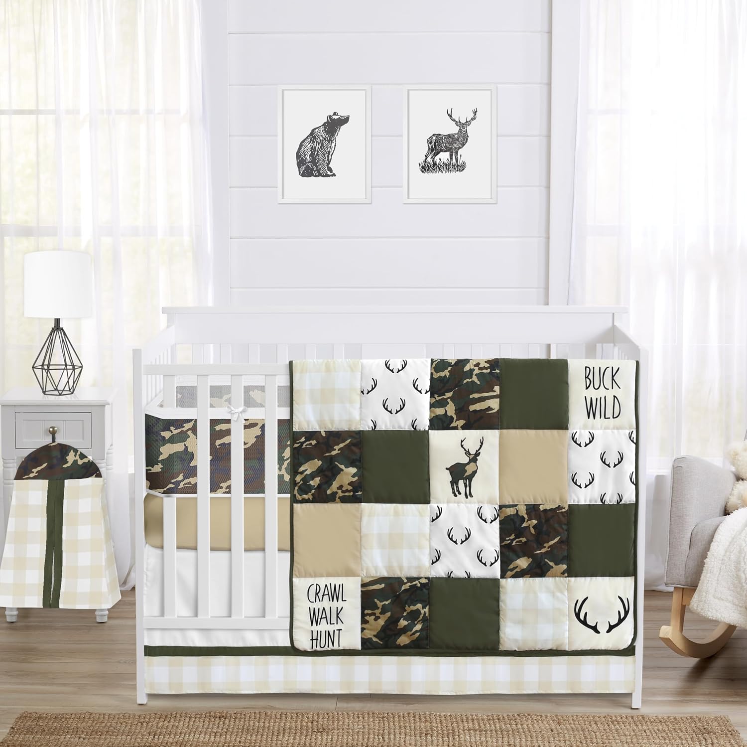 Sweet Jojo Designs 6-Piece Baby Crib Bedding Set (Woodland Camo Deer) for Boys, Infants/Nursery incl. BreathableBaby Mesh Liner Blanket, Fitted Sheet, Skirt, Diaper Stacker (Rustic, Forest Animal)