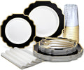 ' OCCASIONS ' 640 Piece set (80 Guests)-Heavyweight Wedding Party Disposable Plastic Plate Set - 80 x 10.5'' + 80 x 8'' + Silverware + Cups + Napkins (Imperial in White & Black & Gold)