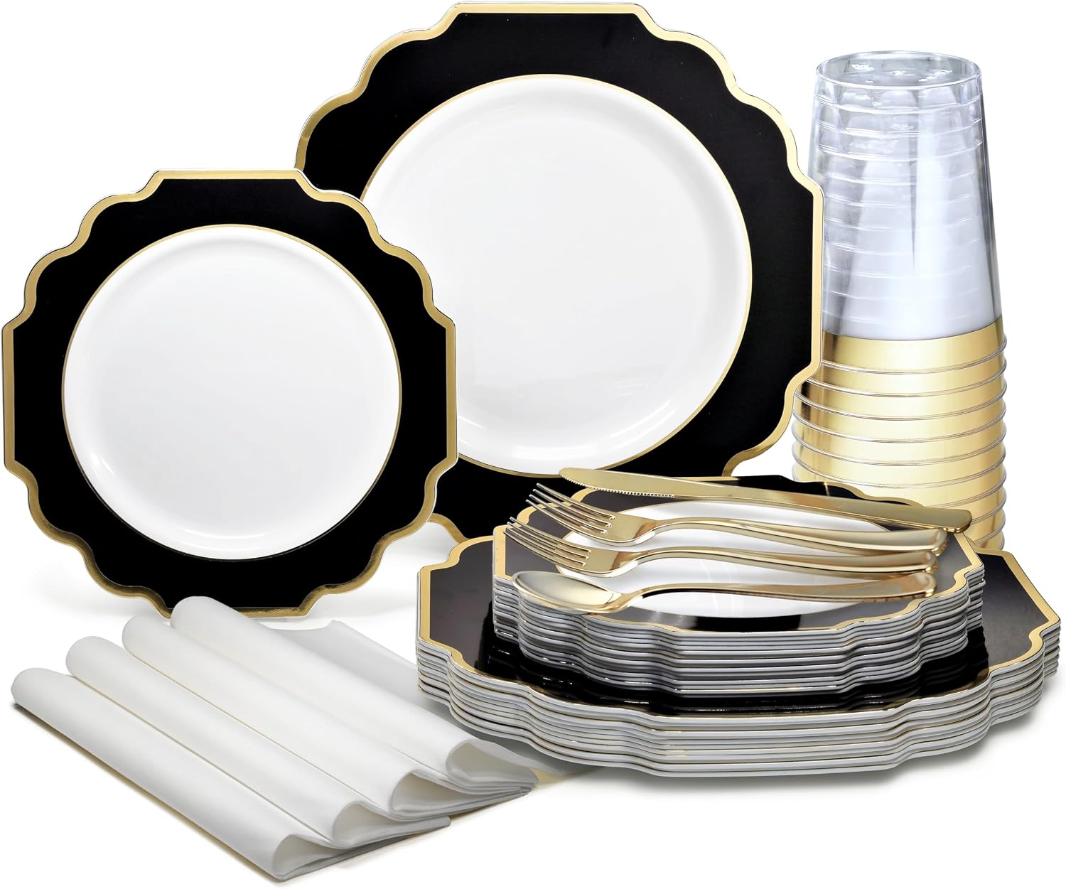' OCCASIONS ' 960 Piece set (120 Guests)-Heavyweight Wedding Party Disposable Plastic Plate Set - 120 x 10.5'' + 120 x 8'' + Silverware + Cups + Napkins (Imperial in White & Black & Gold)