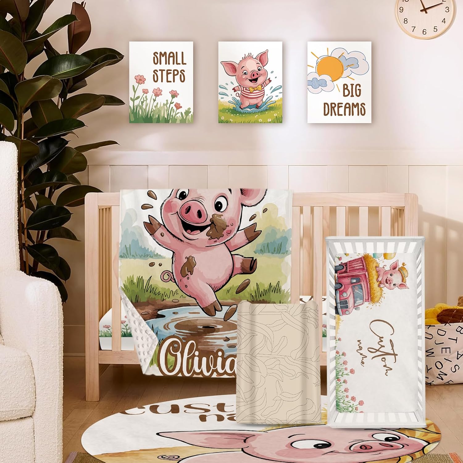 Personalized Crib Bedding Set for Baby Boys Girls, Piglet Pattern Custom Name Baby Crib Sets 5-Pcs, Double Layer Baby Blanket Fitted Sheet Changing Pad Cover Rug Wall Art Set