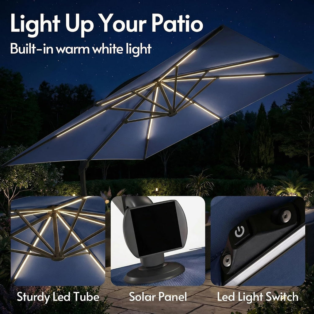 ENSTVER 11x11ft Large Cantilever Umbrella With Base Included & Solar Powered Led Lights, Deluxe Curvy All-Aluminum Rectangular Patio Umbrella For Deck, Pool And Backyard (Navy Blue)
