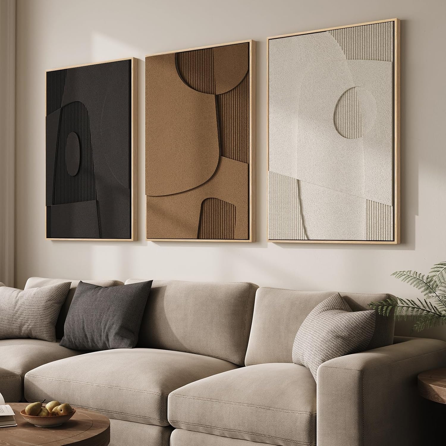 Large 3D Textured Framed Neutral Abstract Wall Art for Living Room, 3 Piece Modern Geometric Paintings Artwork for Walls, Minimalist Black White Brown Pictures for Bedroom Hallway Office Wall Decor, 24x36 In