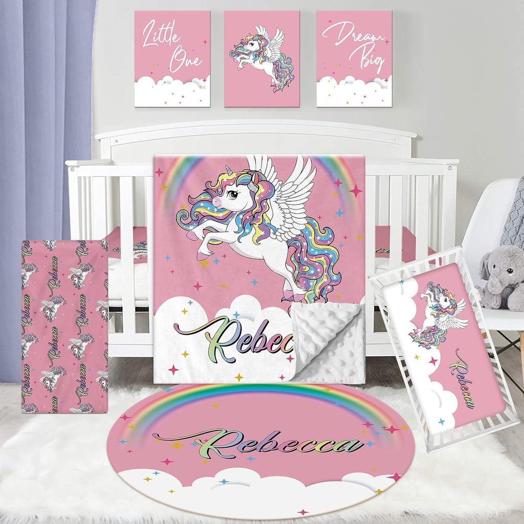 Dyoart Personalized Baby Crib Set - 5 Piece Custom Baby Bed Set for Girls with Name, Double Layer Nursery Bedding, Pink Unicorn Theme for Toddler, Infant, New Parents