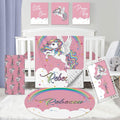 Dyoart Personalized Baby Crib Set - 5 Piece Custom Baby Bed Set for Girls with Name, Double Layer Nursery Bedding, Pink Unicorn Theme for Toddler, Infant, New Parents