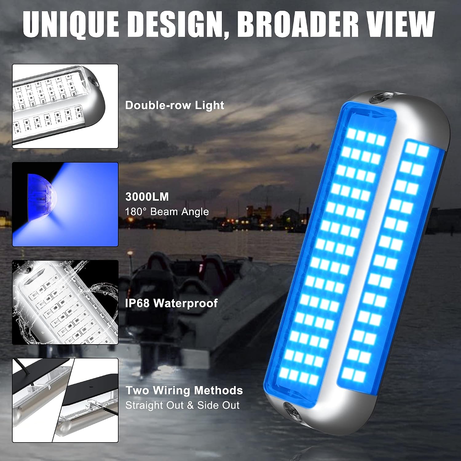 BASIKER BS4 Marine LED Underwater Boat Lights (2 x 3000LM 84LED 180° Blue) 10V-30V 316 Stainless Upgrade IP68 Waterproof, Surface Mount for Cruise Ship Yacht Boat Sailboat Pontoon Transom Deck Light