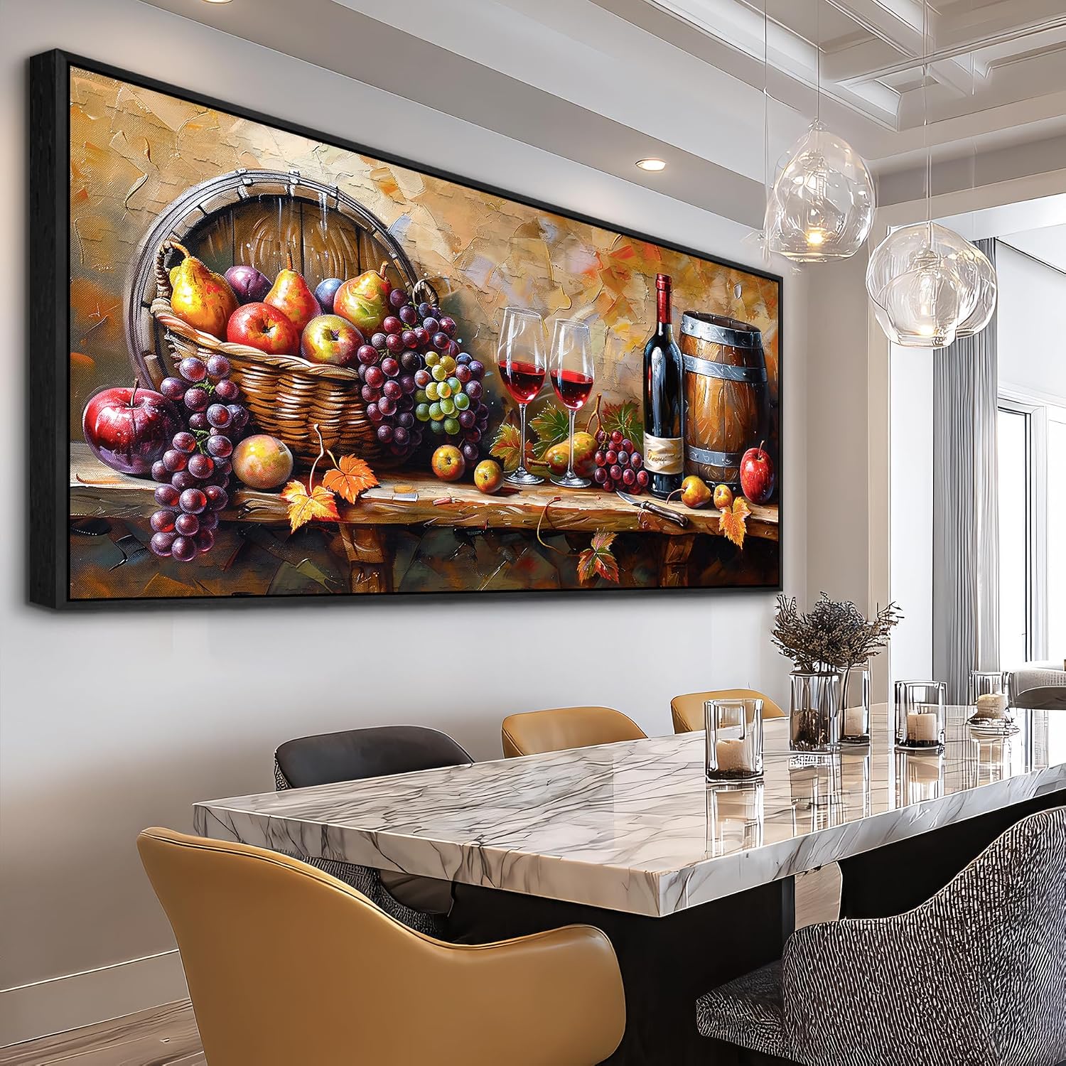 XIGUANGART Large Framed Wall Art for Kitchen, Vintage Food Wine Painting Prints, Rustic Wall Decor Fruit Harvest Pictures for Living Room Dining Room Pub Home Bar Farmhouse Decorations 32x72 In