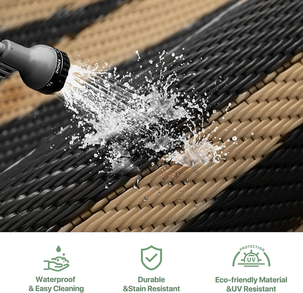 GENIMO Outdoor Rug Waterproof for Patio Decor, 10'x20' Foldable Reversible Plastic Straw Carpet, Outside Area Mat for Rv, Deck, Picnic, Porch, Camper, Balcony, Beach, Black & Brown