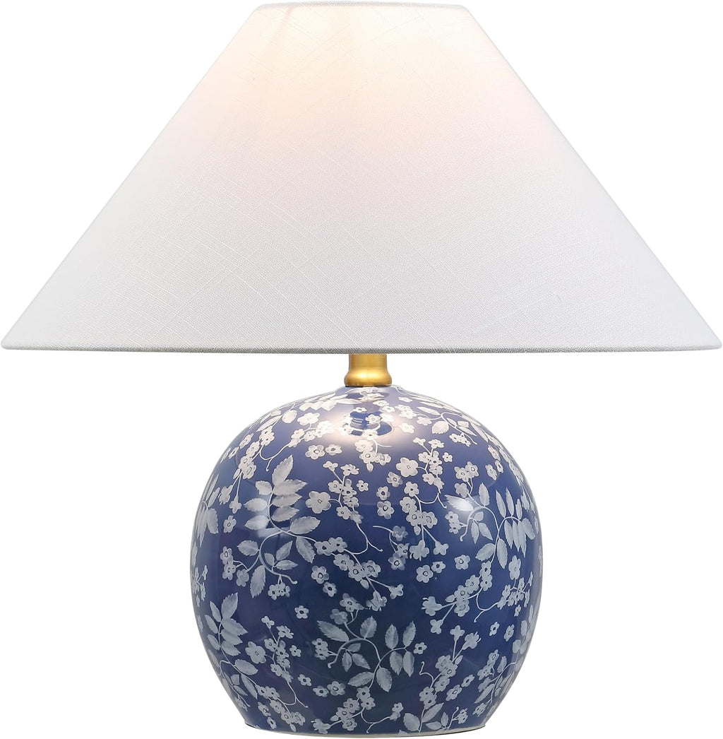 JONATHAN Y 17.25' Blue/White Modern Cottage Floral Ceramic Globe Table Lamp for Bedroom, White Linen Shade, LED Bulb Included, French Country Home Decor JYL5508A