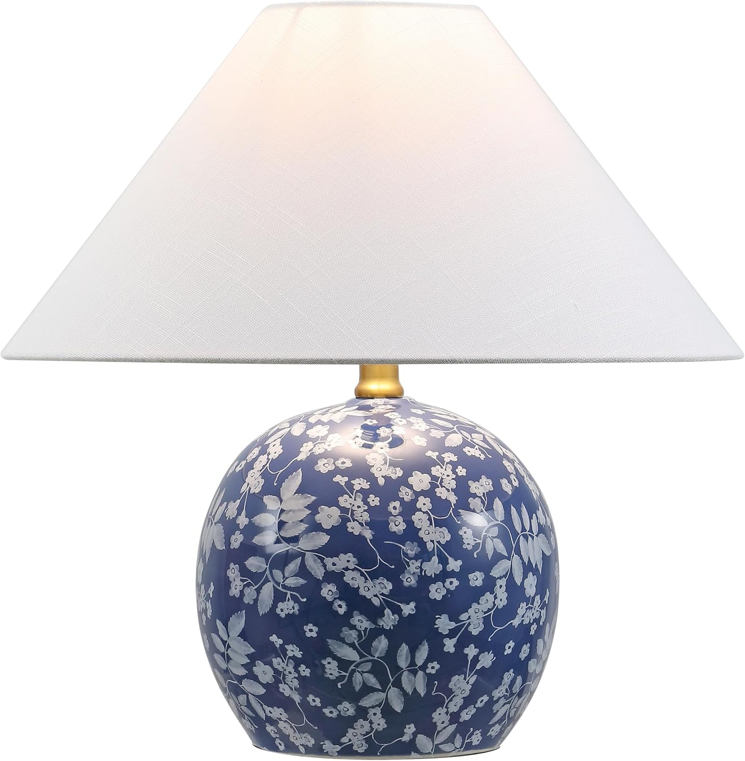 JONATHAN Y 17.25' Blue/White Modern Cottage Floral Ceramic Globe Table Lamp for Bedroom, White Linen Shade, LED Bulb Included, French Country Home Decor JYL5508A