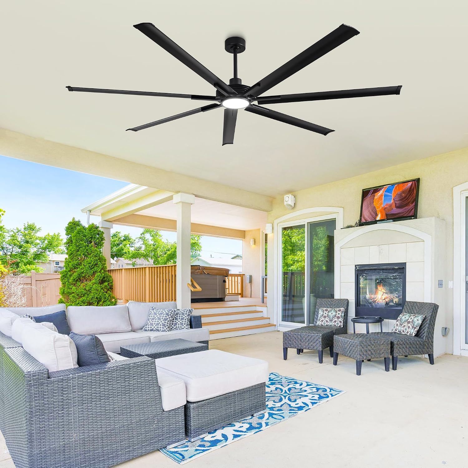 100 Inch Ceiling Fans with Lights and Remote, Industrial Black Ceiling Fan for Living Room Shop Garage Large Outdoor Ceiling Fans for Patios, Dimmable, 6-Speed Reversible DC Motor, 7 Aluminum Blades