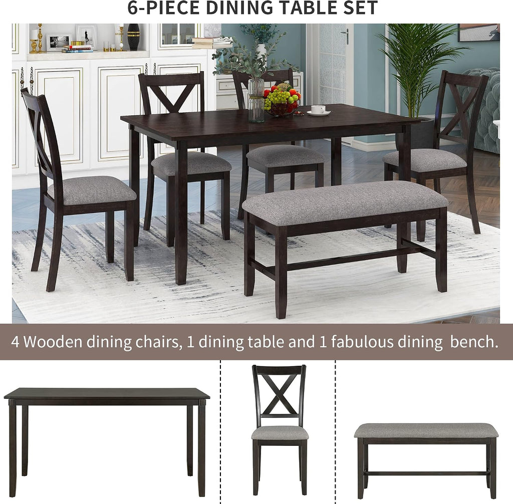 6-Piece Dining Room Table Set, Rustic Farmhouse Wood Dining Table Set with Rectangular Table 4 Upholstered Padded Chairs and 1 Padded Bench, Dining Set for Family of 4-6 People (Espresso)