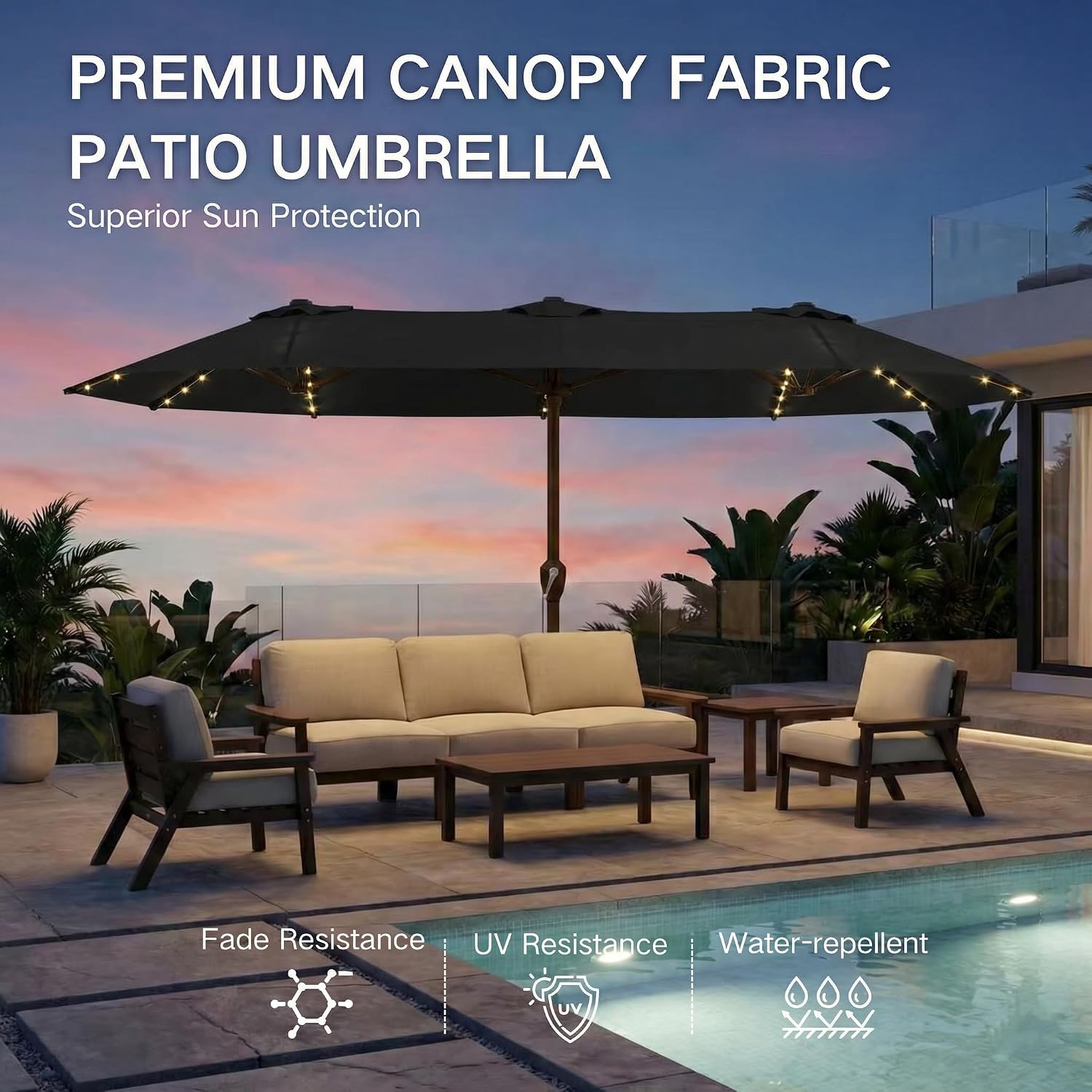 Kingdura 15ft Large Patio Umbrella with Solar Lights, Double-Sided Rectangle Lighted Outdoor Table Umbrella with Base Included, 12 Reinforced Ribs, 48 Led Lights, Crank Lift for Market Pool Deck Backyard, Black