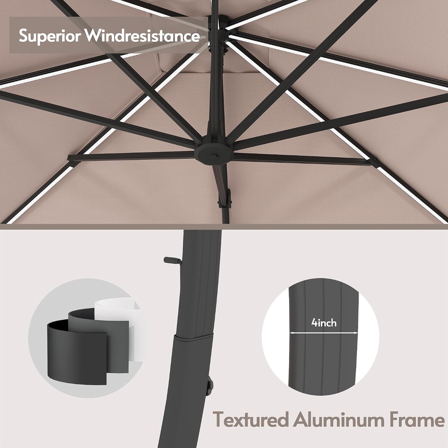 ENSTVER 11x11ft Large Cantilever Umbrella With Base Included & Solar Powered Led Lights, Deluxe Curvy All-Aluminum Rectangular Patio Umbrella For Deck, Pool And Backyard (Champagne)