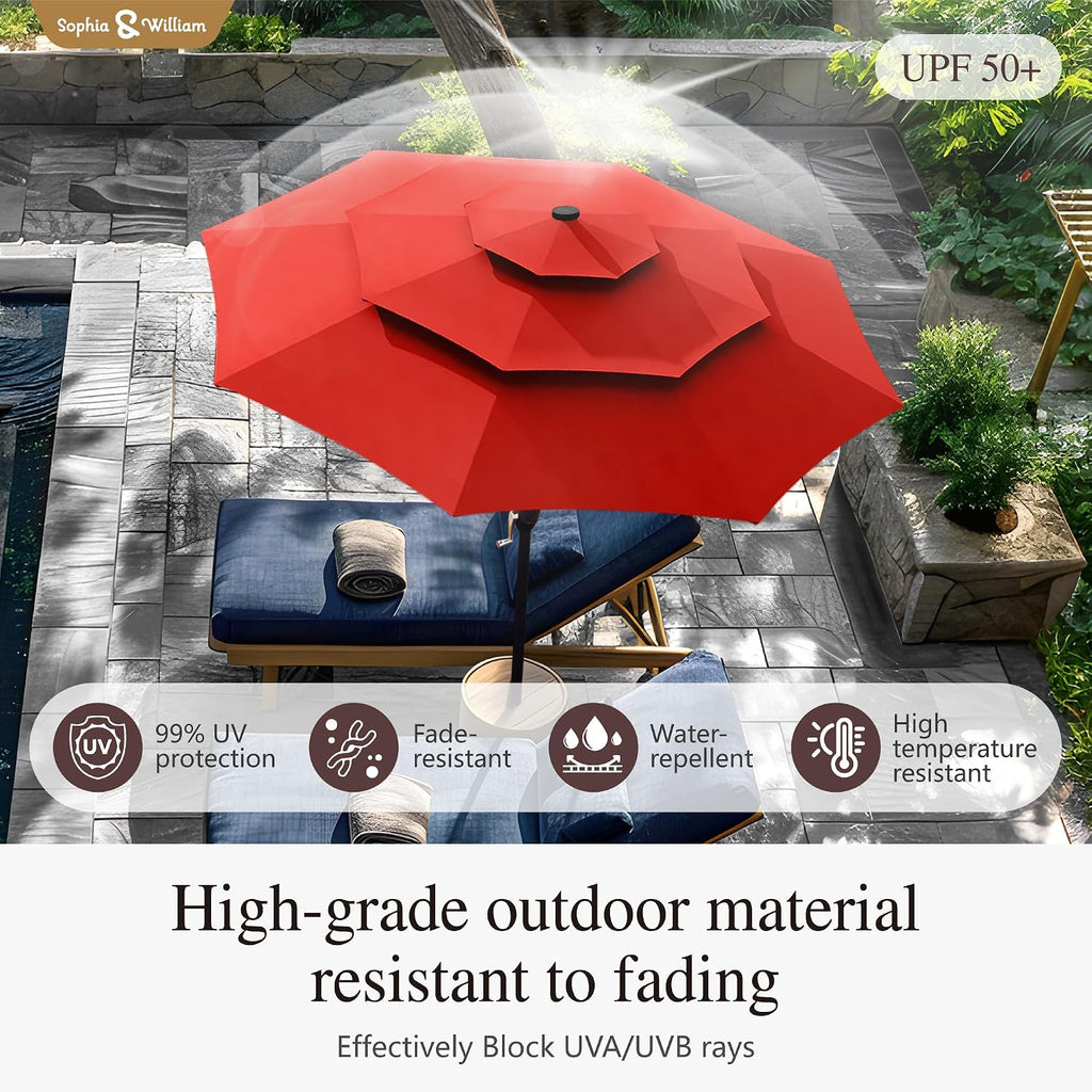 Sophia & William 10ft Patio Umbrellas 3-Tier Umbrella Outdoor Patio Umbrellas with Lights Vented Top 24 LED lights Adjustable Tilt for Pool Garden Backyard, Red