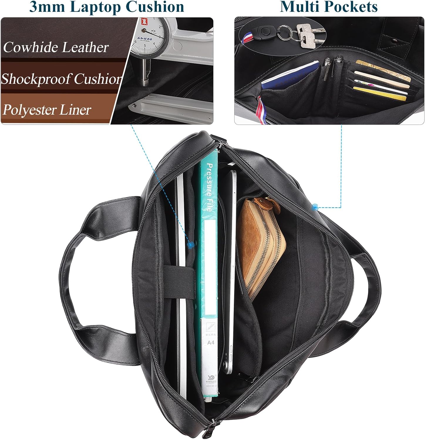 Masa Kawa Mens Leather Slim Briefcase for 16' Laptop Black Waterproof Crossbody Shoulder Messenger Computer Bag for Business Travel Office Work
