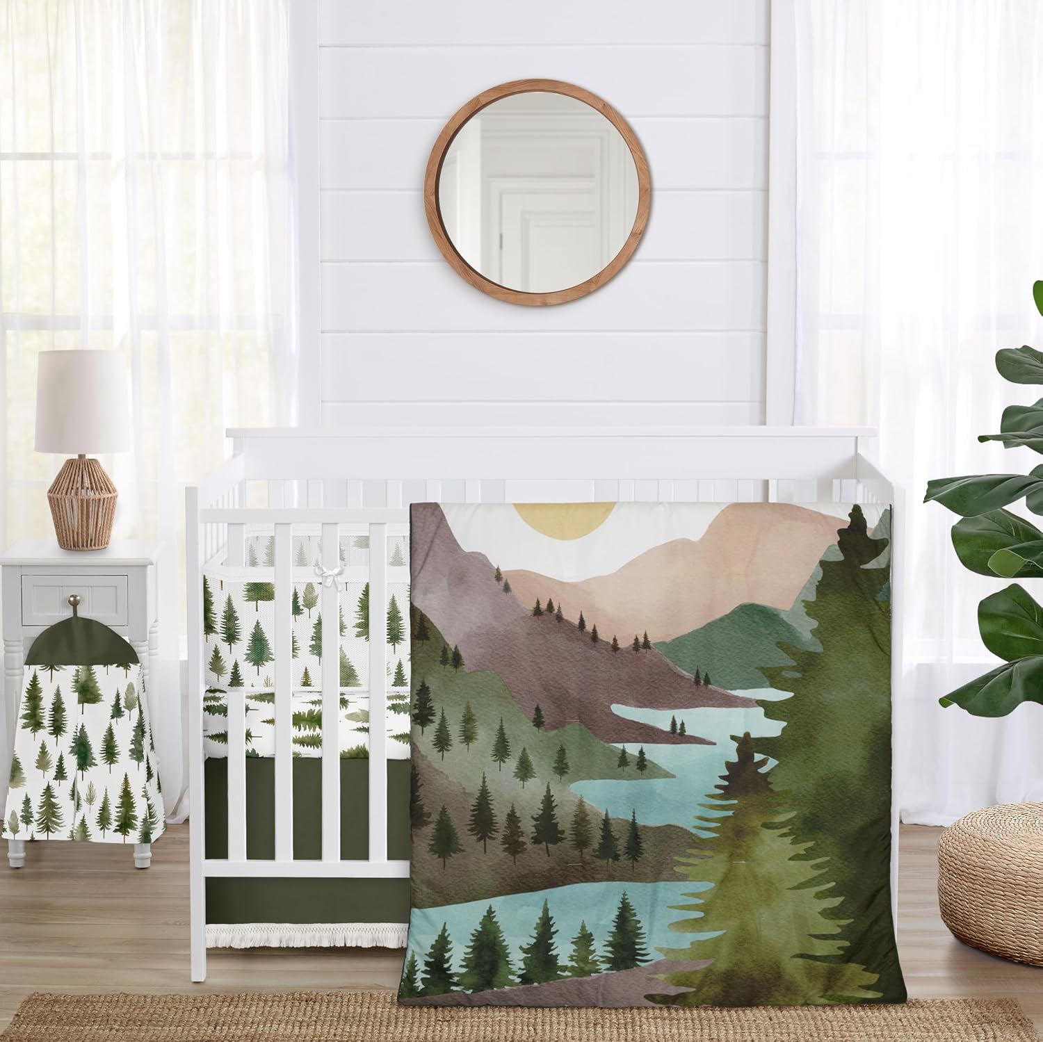 Sweet Jojo Designs 6-Piece Baby Crib Bedding Set (Sage Green Woodland) for Boys/Girls, Infants/Nursery incl. BreathableBaby Mesh Liner Blanket, Fitted Sheet, Skirt, Diaper Stacker (Forest Themed, Sun)